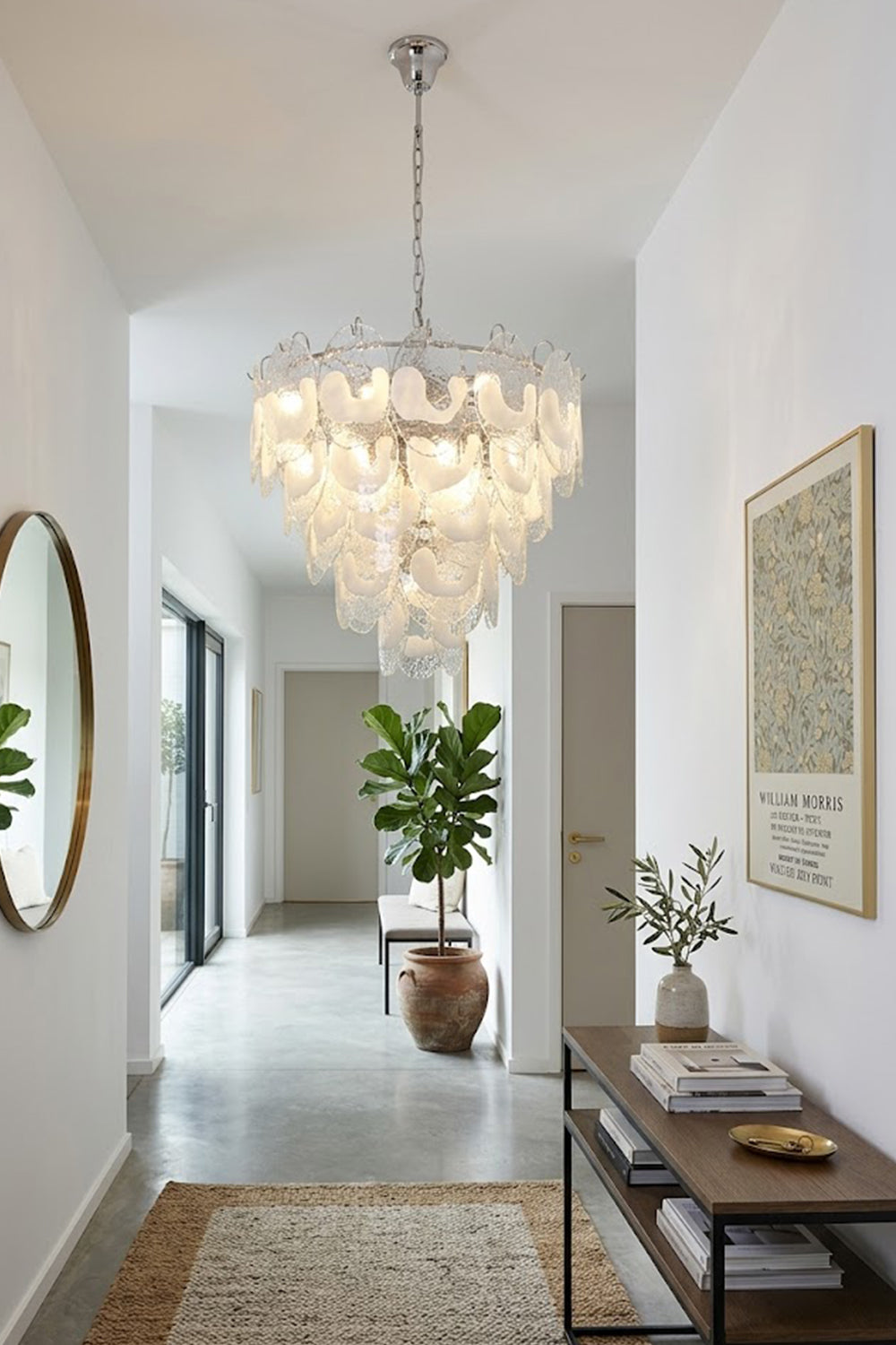 Elegant glass art chandelier at the end of a corridor | Metal, Glass | Installed over a console table in a bright hallway | Samu Lamp
