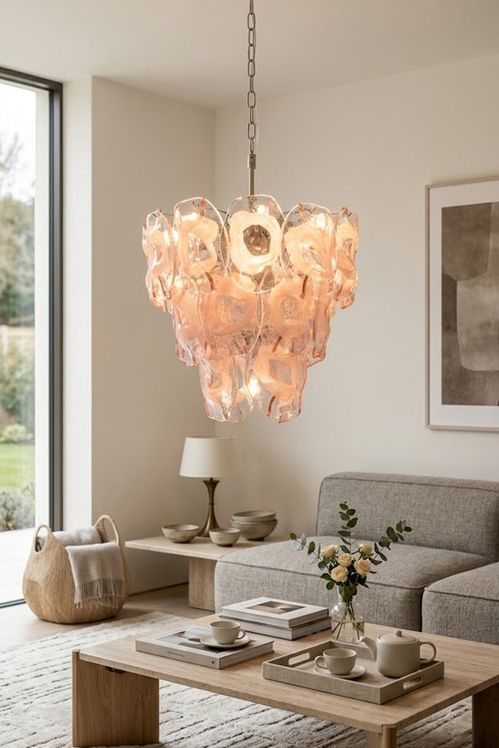 Elegant pink glass chandelier | Metal, Glass | Installed in a modern living room with grey sofa | Samu Lamp