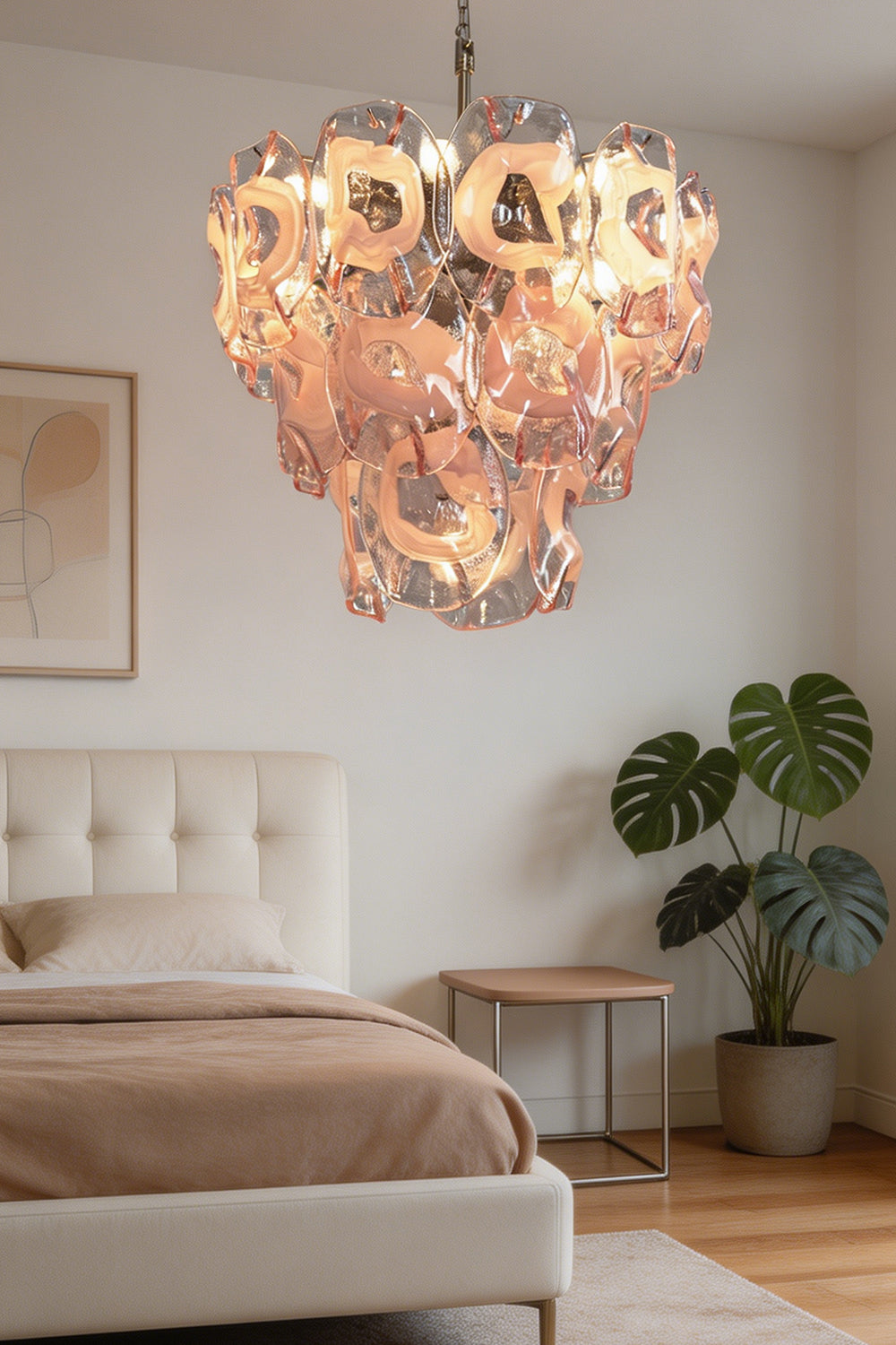 Romantic pink glass chandelier | Metal, Glass | Mounted in a cozy bedroom with tufted bed | Samu Lamp