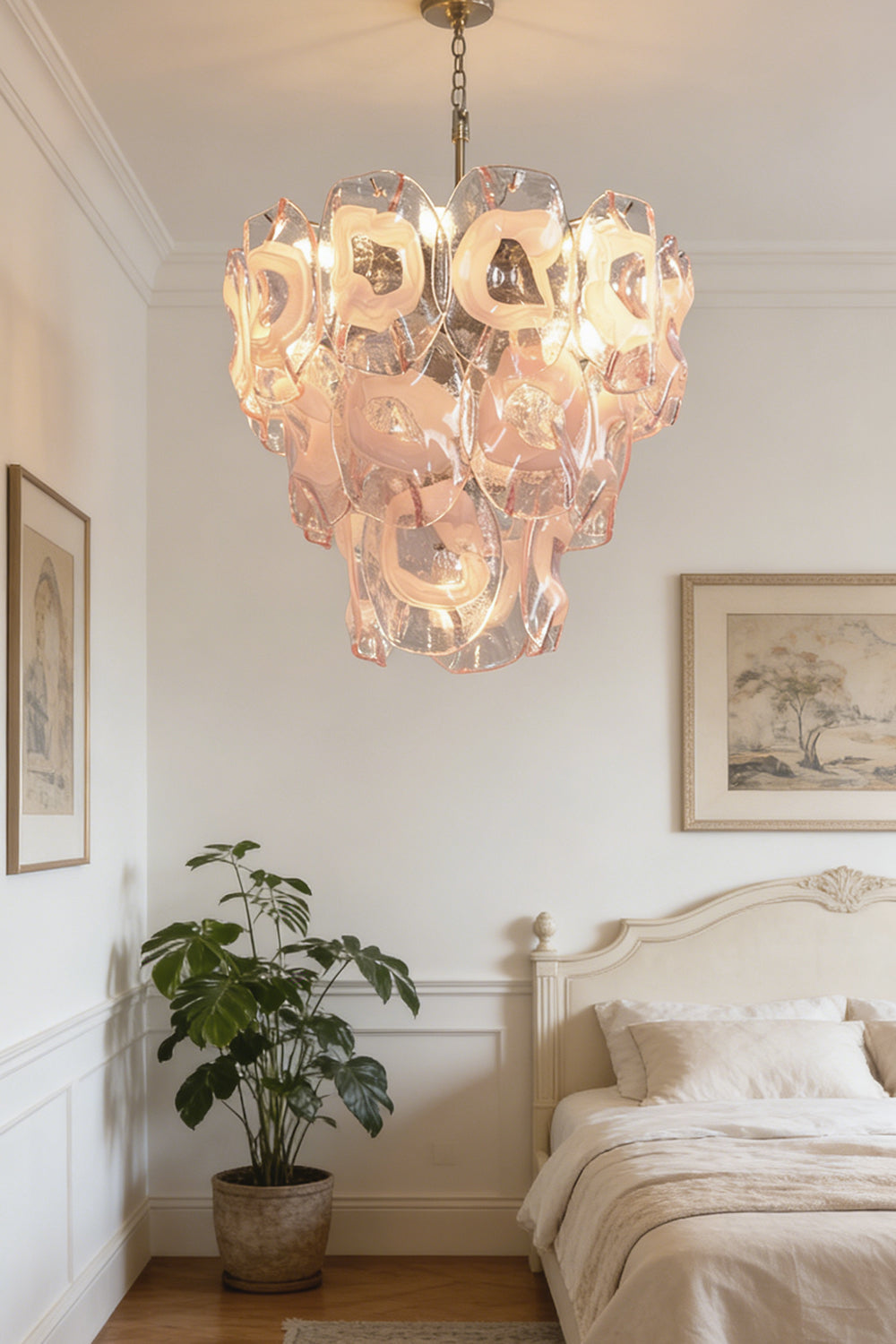 Frostelle pink glass chandelier | Metal, Glass | Hanging in a bedroom with classic wall art | Samu Lamp