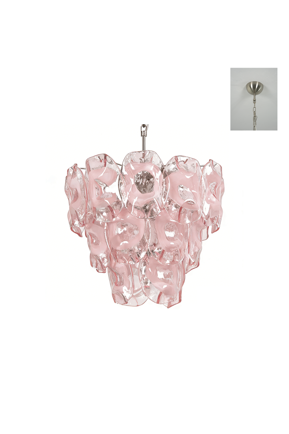 Frostelle Pink Glass Chandelier with chrome finish | Metal, Glass | Product shot isolated on white background | Samu Lamp