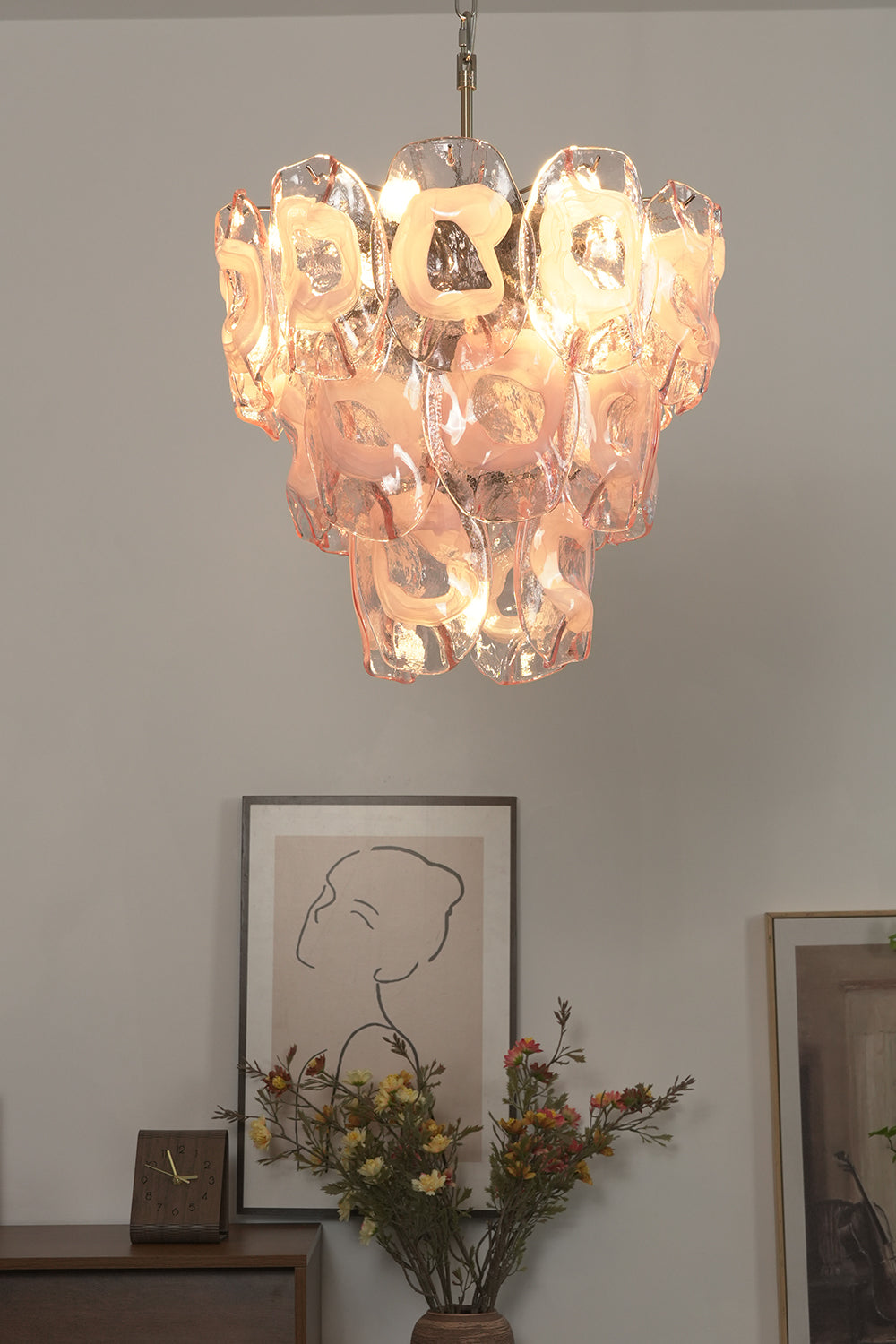 Delicate pink glass chandelier | Metal, Glass | Interior scene in a bright hallway with plants | Samu Lamp
