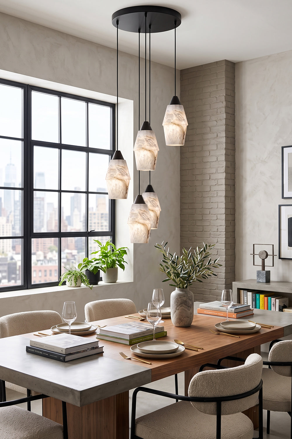 Gemma Staggered Alabaster Cluster Chandelier | Dining Room Chandelier | Staged gracefully over a rustic wood dining table with chic upholstered chairs in an industrial style room | Samu Lamp