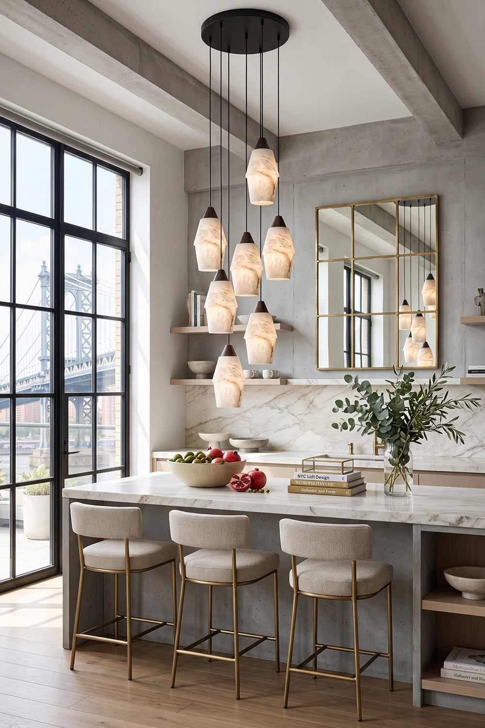 Gemma Staggered Alabaster Cluster Chandelier | Kitchen Loft Lighting | Positioned overhead above a white counter kitchen island with matching modern barstools near a window | Samu Lamp