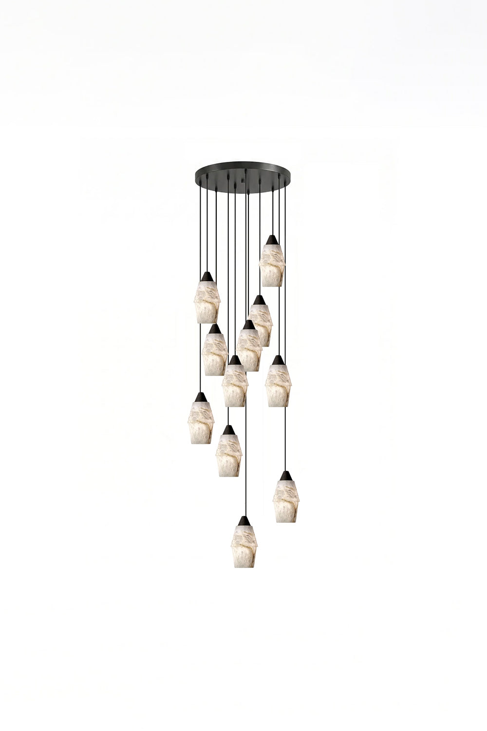 Gemma Staggered Alabaster Cluster Chandelier | Single Pendant View | Isolated lit view of a single pendant light fixture with an organic white alabaster shade and black cord | White background | Samu Lamp