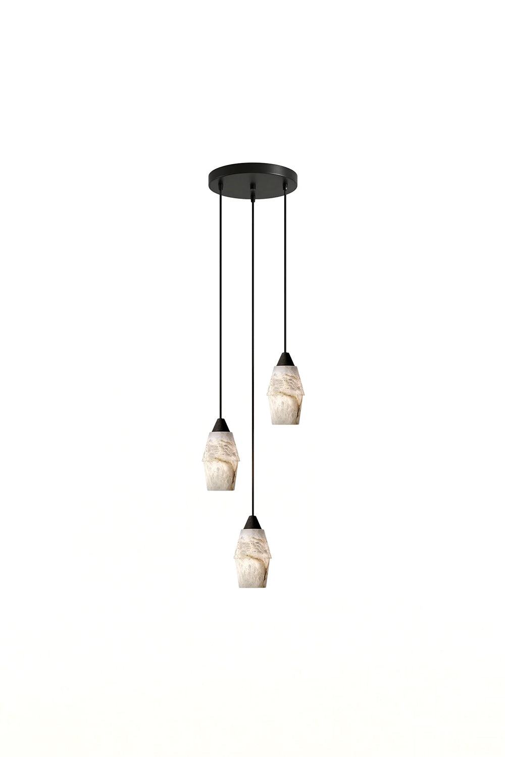 Gemma Staggered Alabaster Cluster Chandelier | Single Pendant View | Isolated lit view of a single pendant light fixture with an organic white alabaster shade and black cord | White background | Samu Lamp