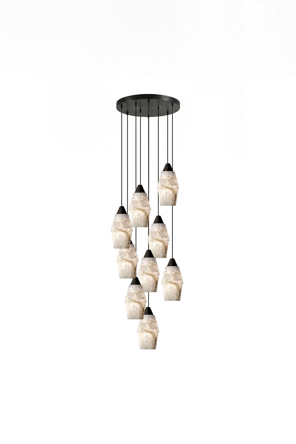 Gemma Staggered Alabaster Cluster Chandelier | Single Pendant View | Isolated lit view of a single pendant light fixture with an organic white alabaster shade and black cord | White background | Samu Lamp