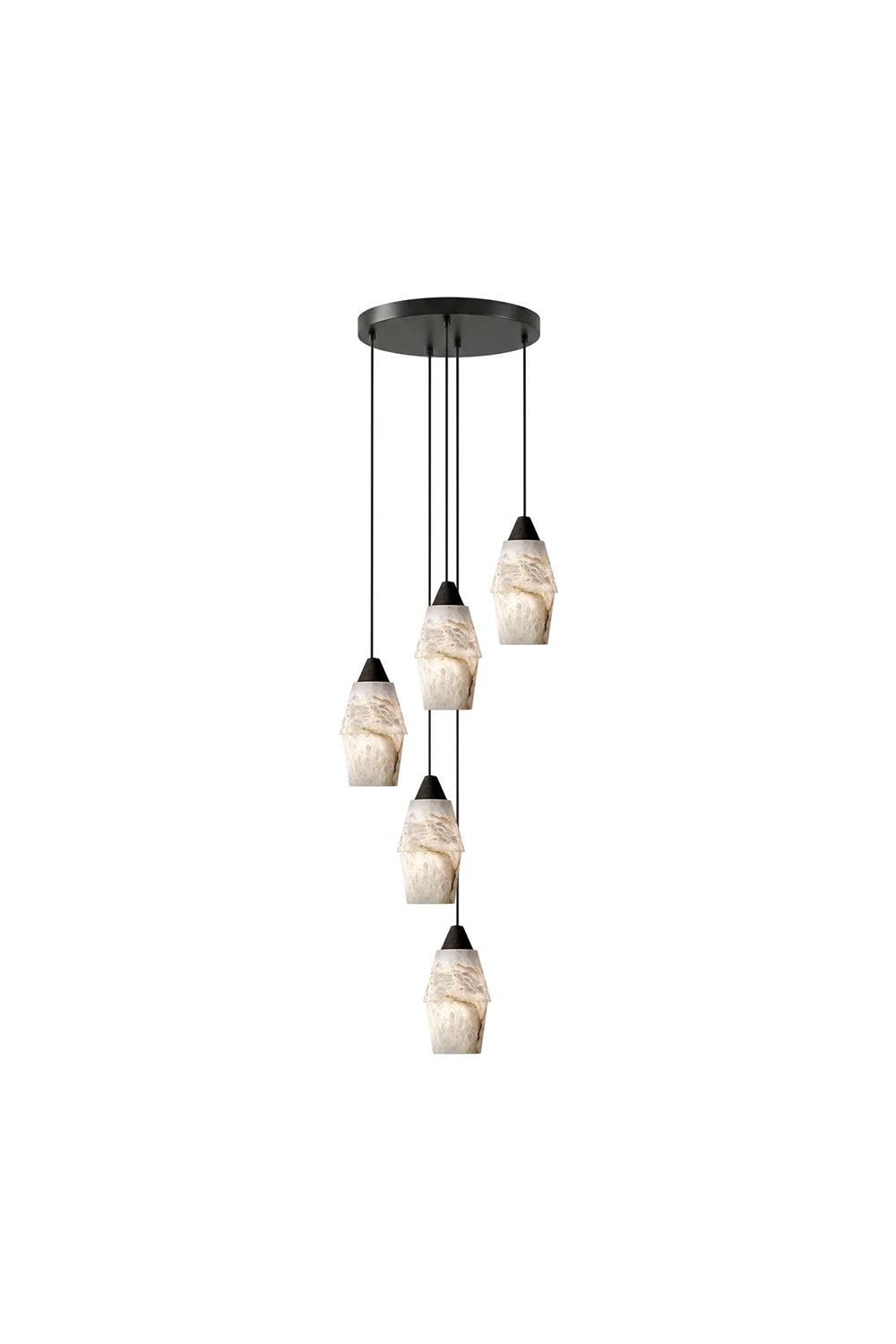 Gemma Staggered Alabaster Cluster Chandelier | Single Pendant View | Isolated lit view of a single pendant light fixture with an organic white alabaster shade and black cord | White background | Samu Lamp
