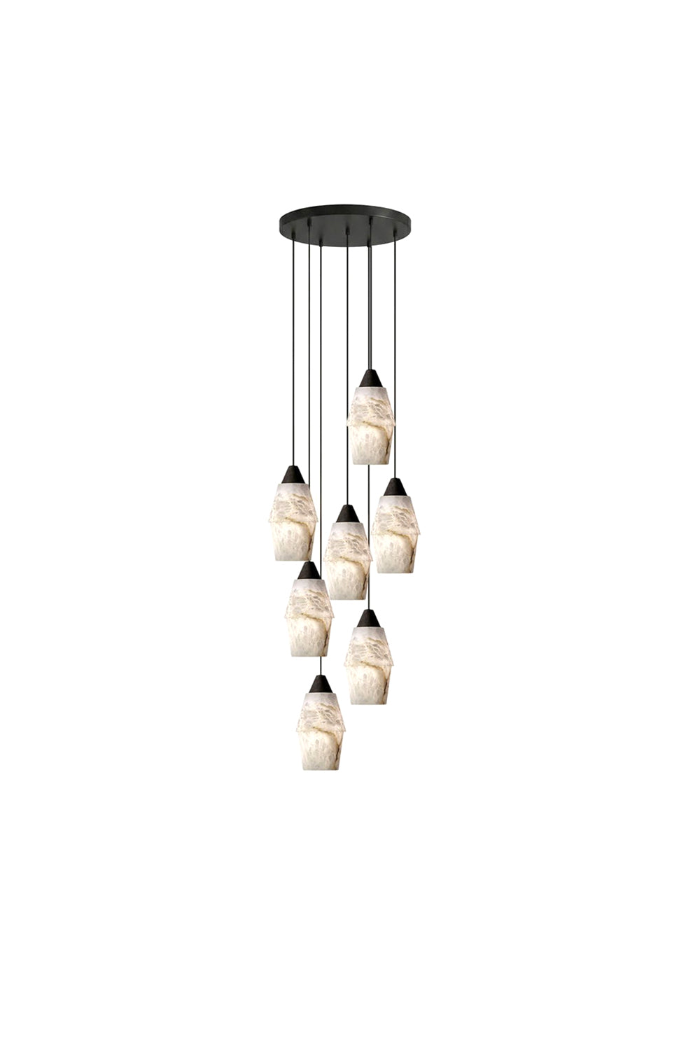 Gemma Staggered Alabaster Cluster Chandelier | Alabaster, Metal | Isolated lit view of a luxury multi-light cluster pendant chandelier featuring multiple organic rock-shaped white alabaster shades staggered from a black ceiling canopy | White background | Samu Lamp