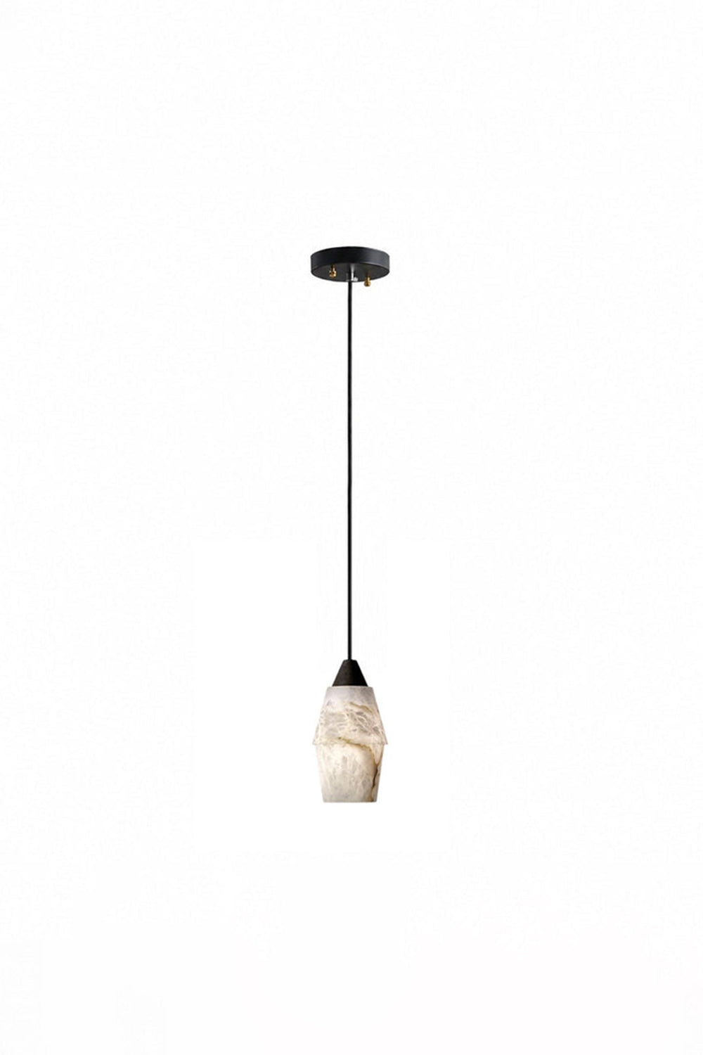Gemma Staggered Alabaster Cluster Chandelier | Single Pendant View | Isolated lit view of a single pendant light fixture with an organic white alabaster shade and black cord | White background | Samu Lamp