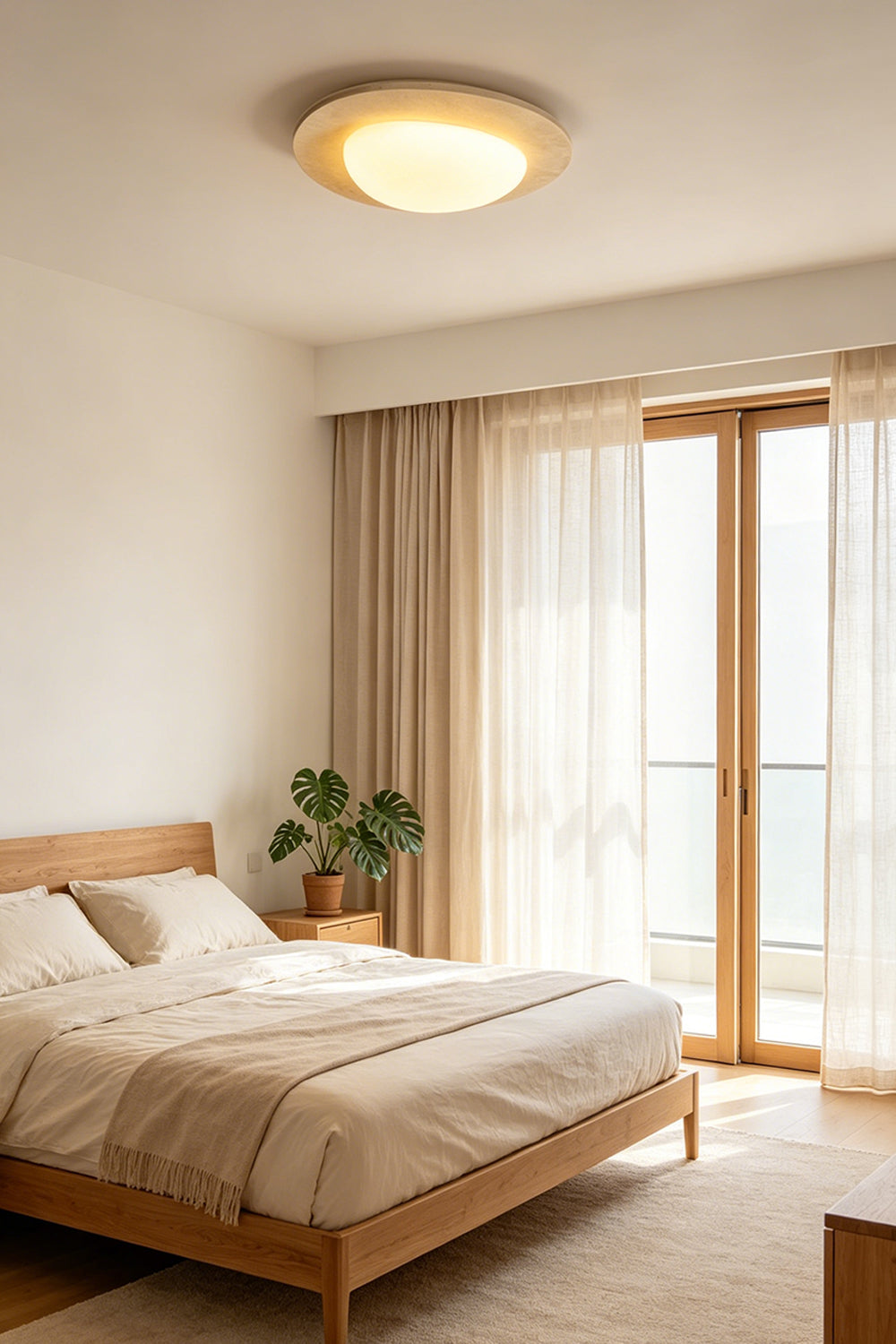 Geoidal Halo Travertine Ceiling Light | Travertine, Glass | Lit in a cozy bedroom with wood bed frame and balcony access | Samu Lamp