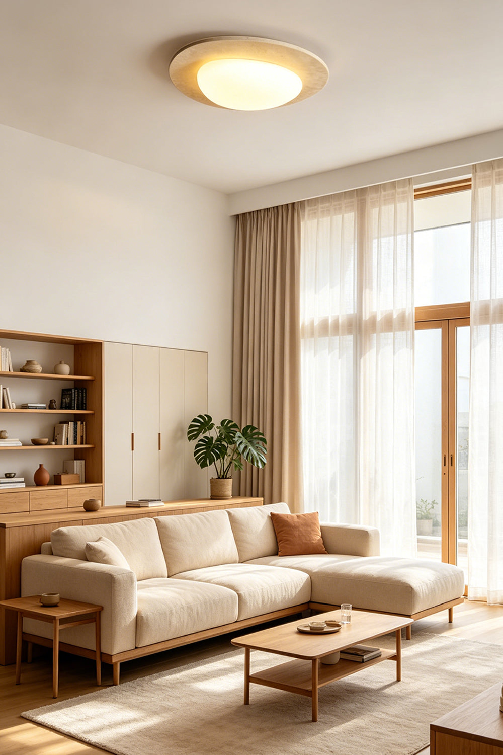Geoidal Halo Travertine Ceiling Light | Travertine, Glass | Illuminated in a minimalist living room with a corner sofa | Samu Lamp