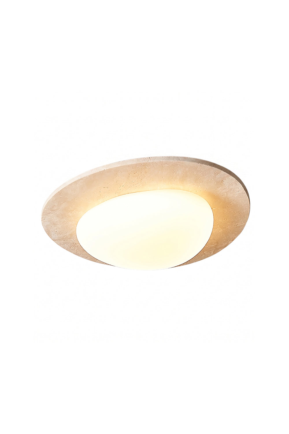 Geoidal Halo Travertine Ceiling Light | Travertine, Glass | Isolated unlit view | Asymmetric stone halo with center diffuser | Samu Lamp