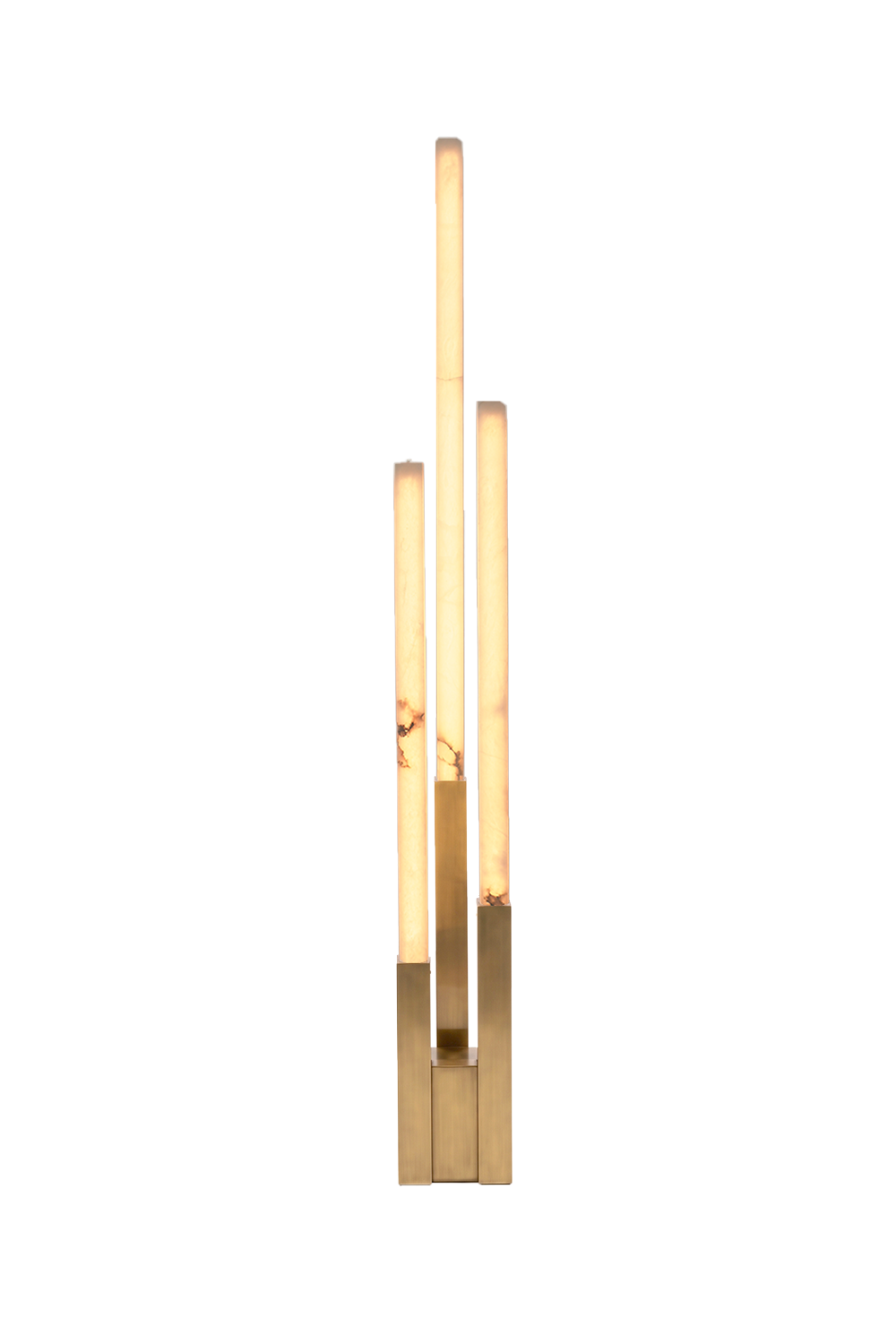 Gethin Triple Column Alabaster Floor Lamp | Natural Alabaster and Brass | Front full view on a pure white background, illuminated | Samu Lamp