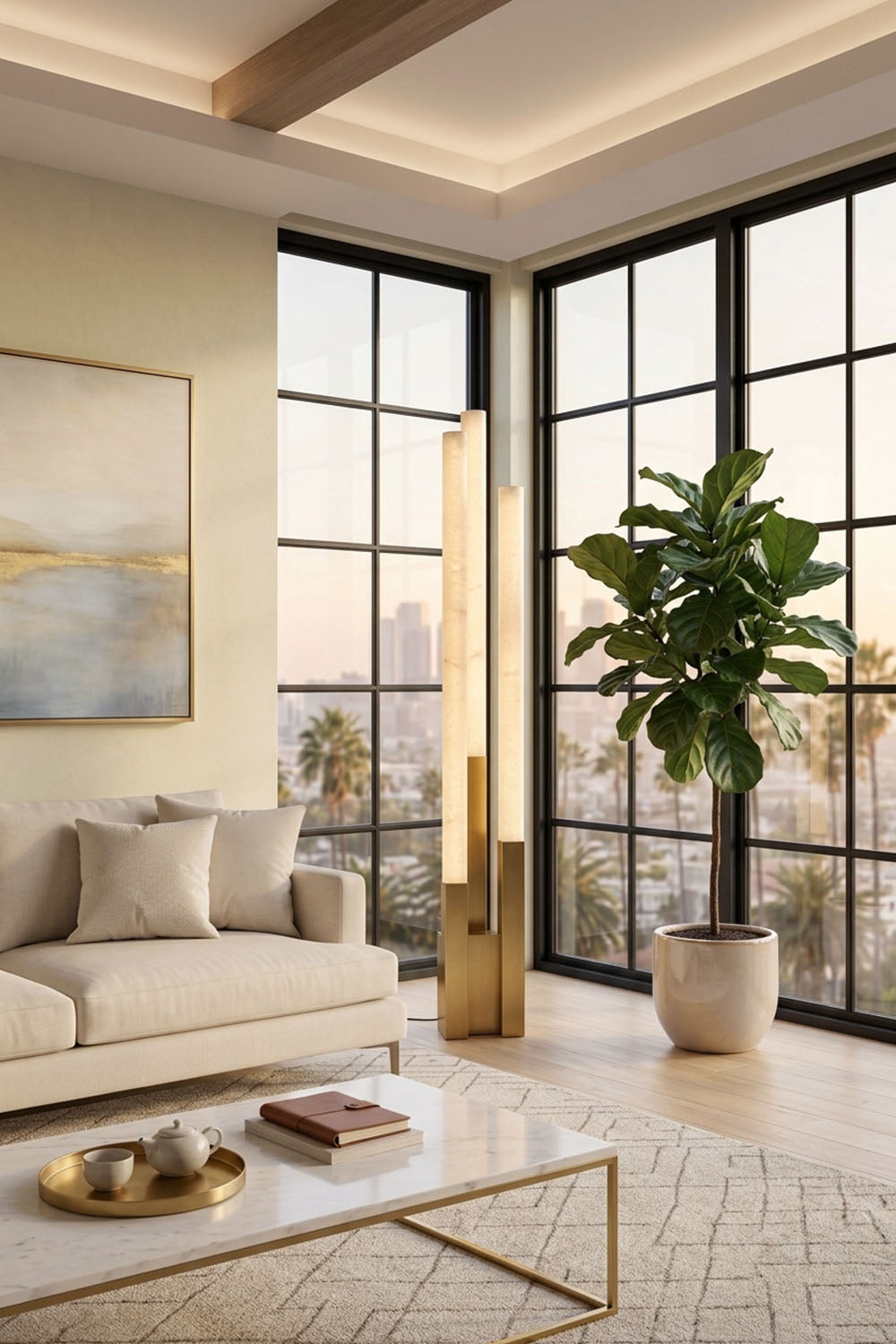 Gethin Triple Column Alabaster Floor Lamp | Natural Alabaster and Brass | Placed in a living room corner with beige sofa and grid windows | Samu Lamp