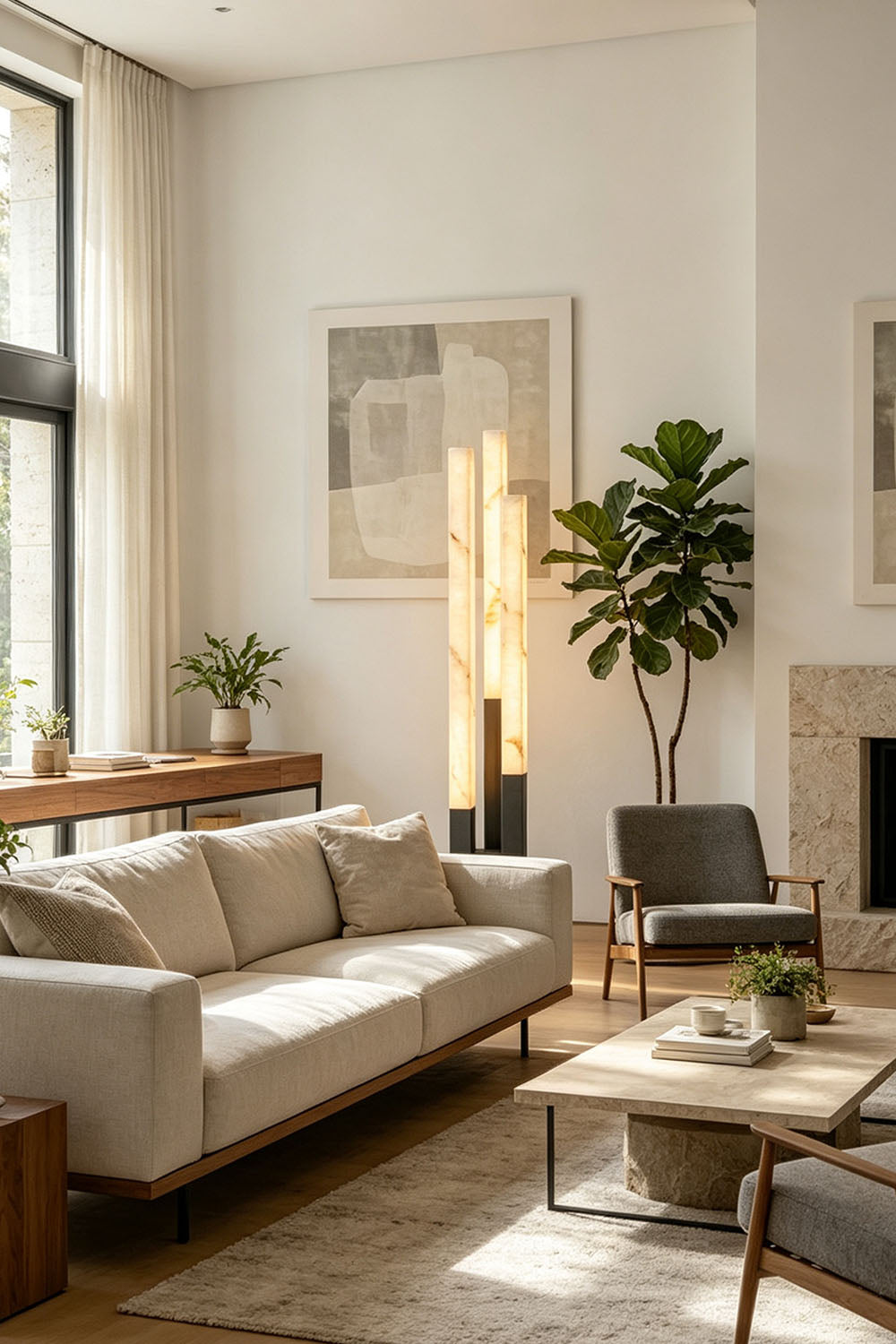 Gethin Triple Column Alabaster Floor Lamp | Natural Alabaster and Brass | Illuminating a spacious living room beside a white sofa and plant | Samu Lamp
