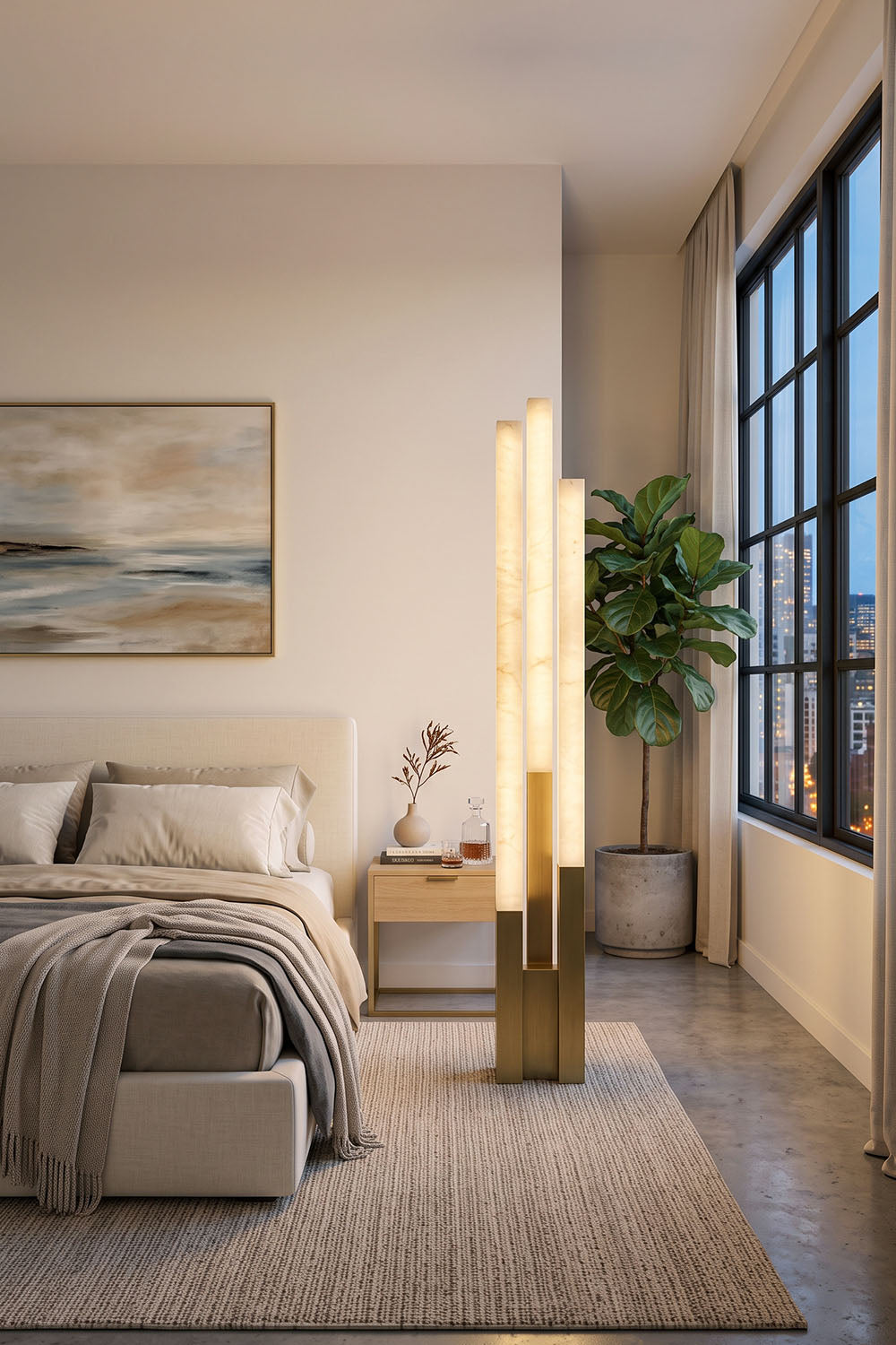 Gethin Triple Column Alabaster Floor Lamp | Natural Alabaster and Brass | Displayed in a bedroom corner next to a bed and large window | Samu Lamp