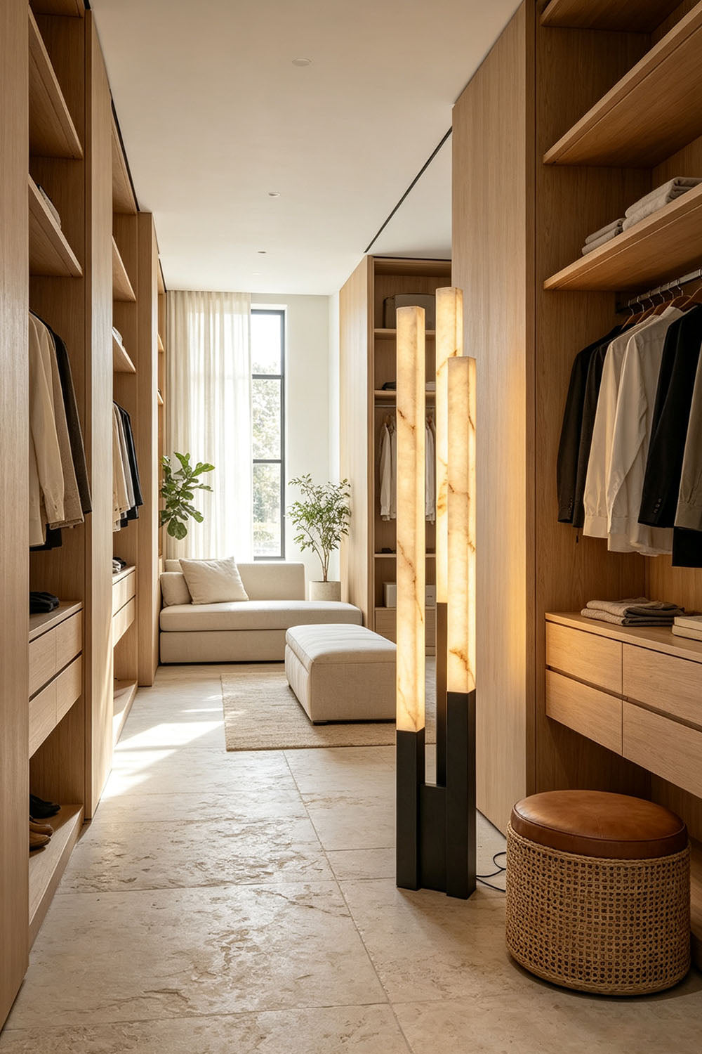 Gethin Triple Column Alabaster Floor Lamp | Natural Alabaster and Brass | Positioned in a walk-in closet dressing hallway with wooden wardrobes | Samu Lamp