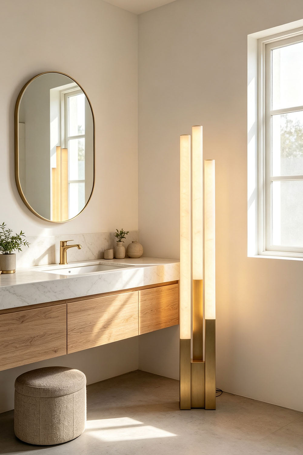 Gethin Triple Column Alabaster Floor Lamp | Natural Alabaster and Brass | Installed in a bathroom vanity corner with a round mirror | Samu Lamp