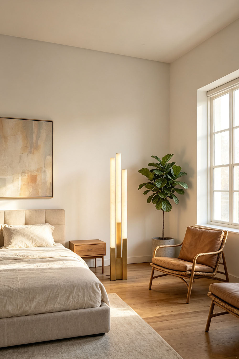 Gethin Triple Column Alabaster Floor Lamp | Natural Alabaster and Brass | Styled in a sunlit bedroom beside a bed and leather armchair | Samu Lamp