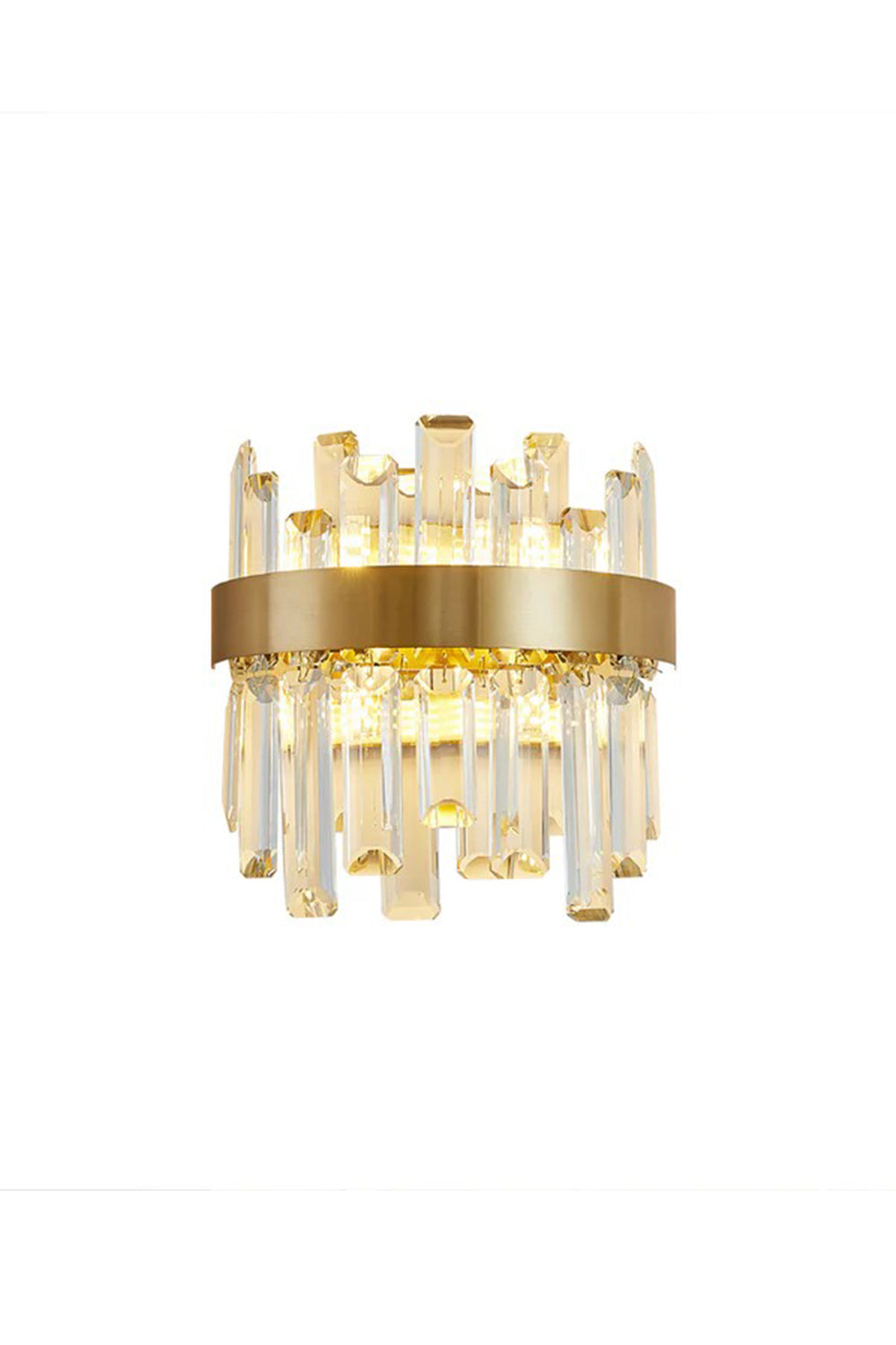Glacia Tiered Crystal Statement Wall Lamp | Crystal, Metal | Fully illuminated luxury modern wall sconce featuring two tiers of clear crystal glass prisms encircled by a thick brushed gold brass band | Isolated product shot on white background | Samu Lamp
