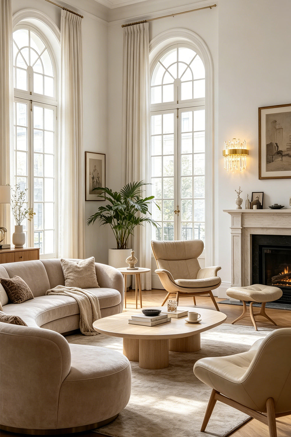 Glacia Tiered Crystal Statement Wall Lamp | Crystal, Metal | Casting a welcoming glow on the far wall of a grand high-ceiling living room featuring arched windows and cream fabric sofas | Samu Lamp