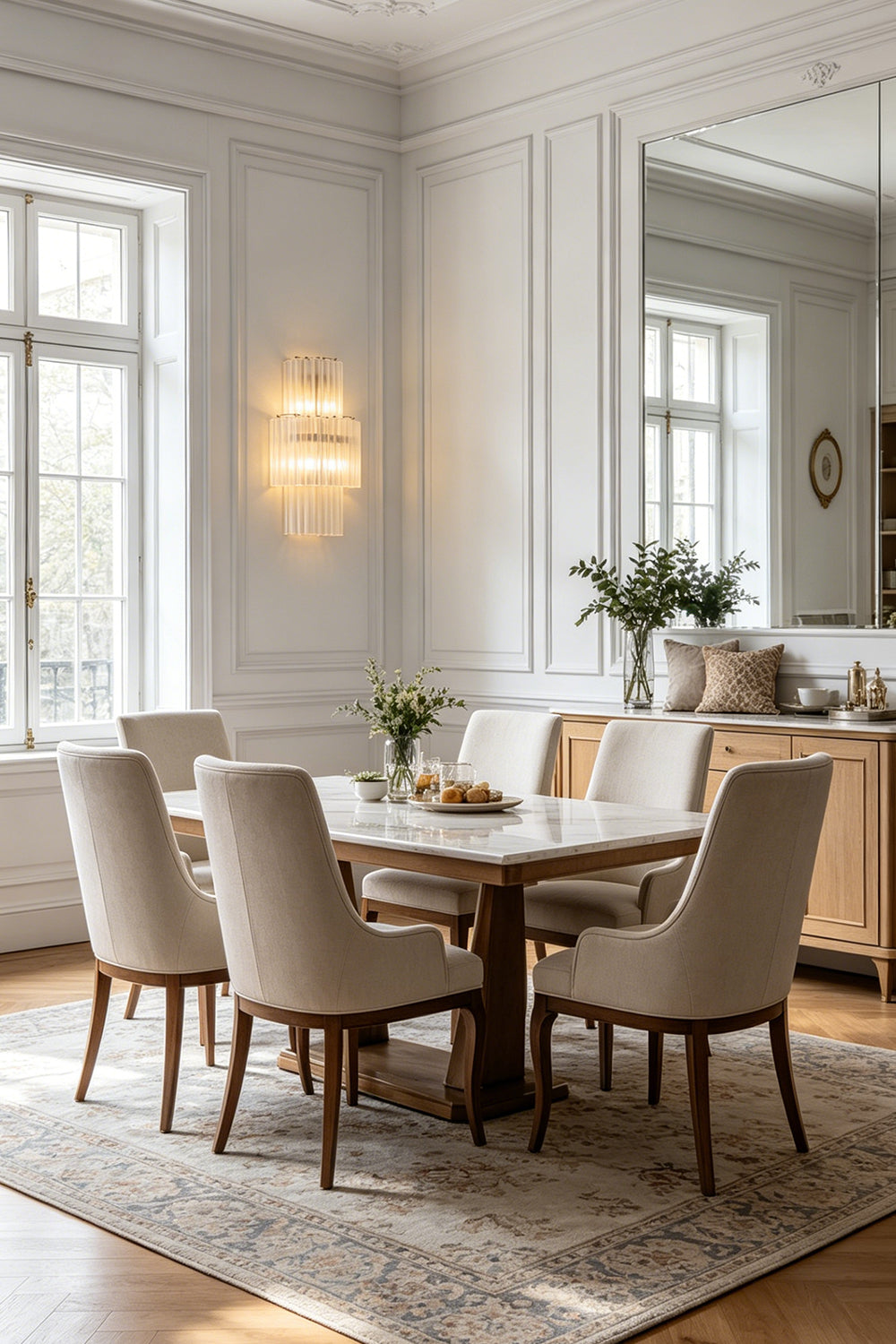 Glacier tiered glass wall light | Metal, Glass | Installed on a classic white wall in a dining room | Samu Lamp