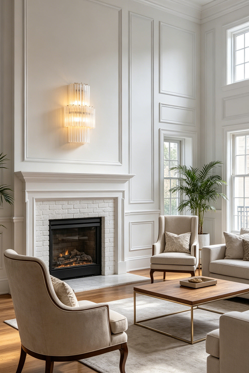 Two glacier glass wall lights flanking a classic white fireplace | Metal, Glass | Installed above white wainscoting in a living room | Samu Lamp