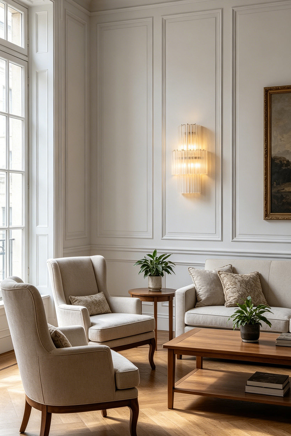 Glacier modern tiered glass sconce with warm light | Metal, Glass | Mounted on a wall beside a plush armchair in a living room | Samu Lamp