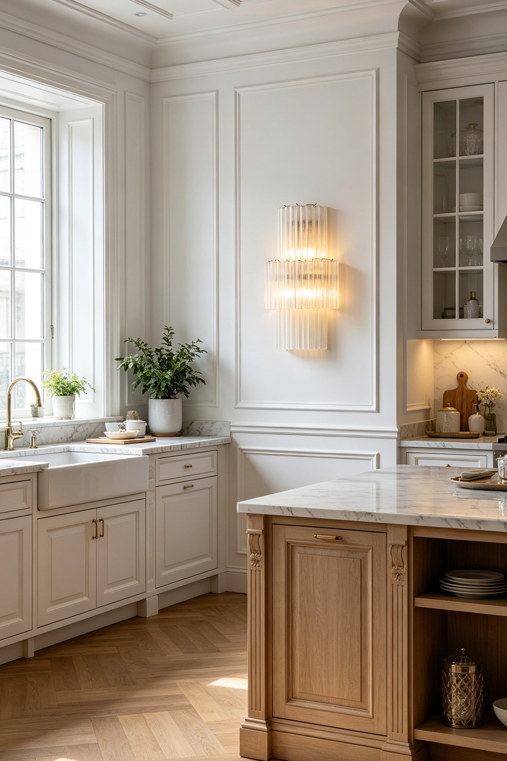 Glacier glass wall light | Metal, Glass | Installed over a kitchen counter next to white cabinets | Samu Lamp