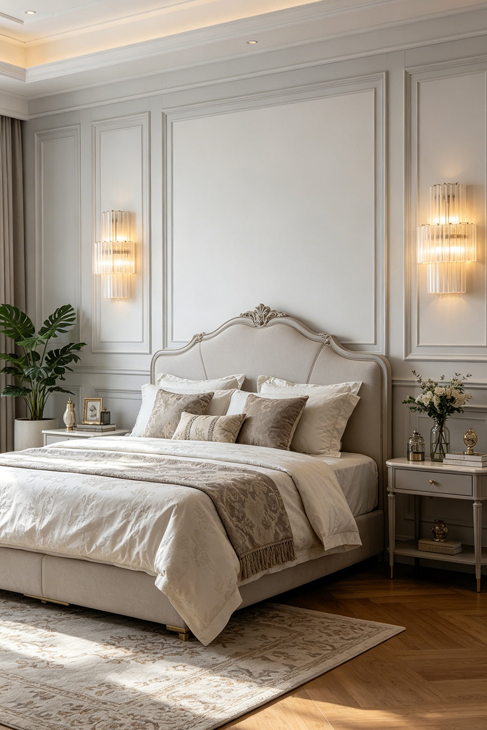 Two glacier glass wall lights installed on either side of a master bed | Metal, Glass | Bedroom interior scene with classic decor | Samu Lamp