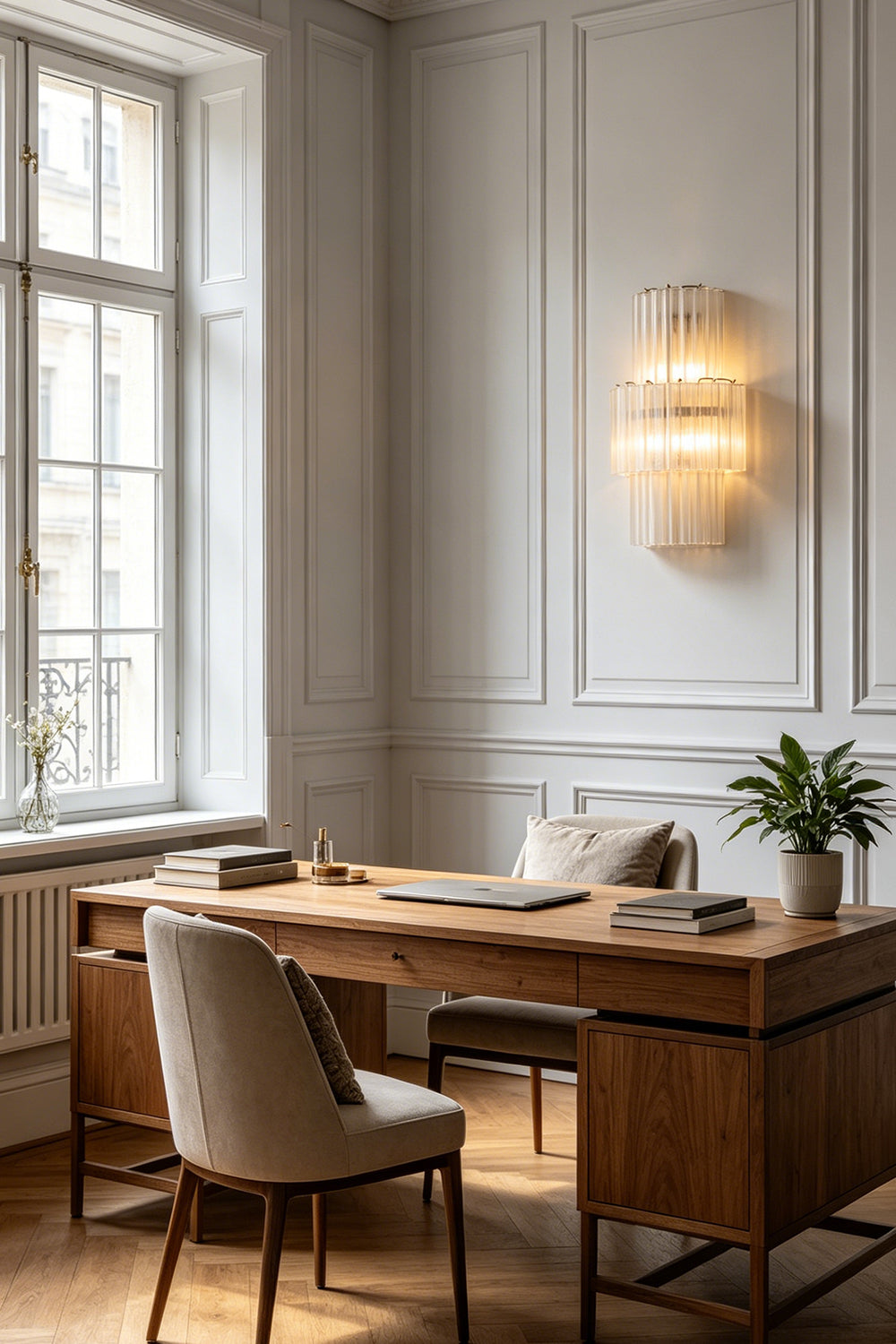 Glacier glass wall light over a wooden desk | Metal, Glass | Home office setting by a window with natural light | Samu Lamp