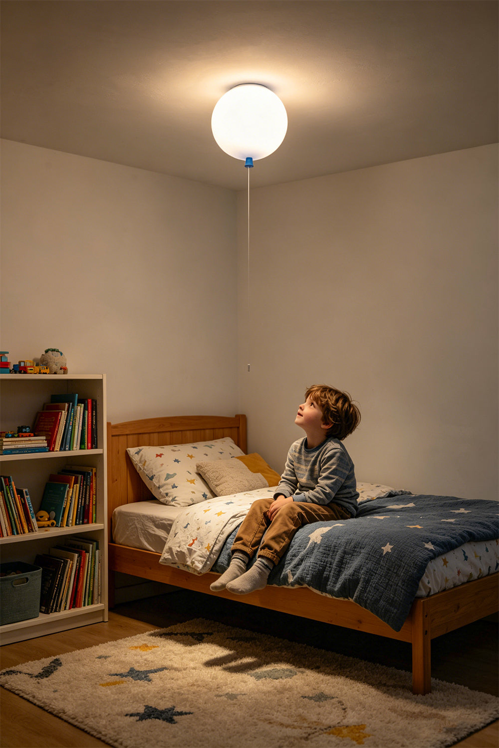 A child sitting on a bed under the Glass Balloon Ceiling Light, adding whimsy to a cozy bedroom.