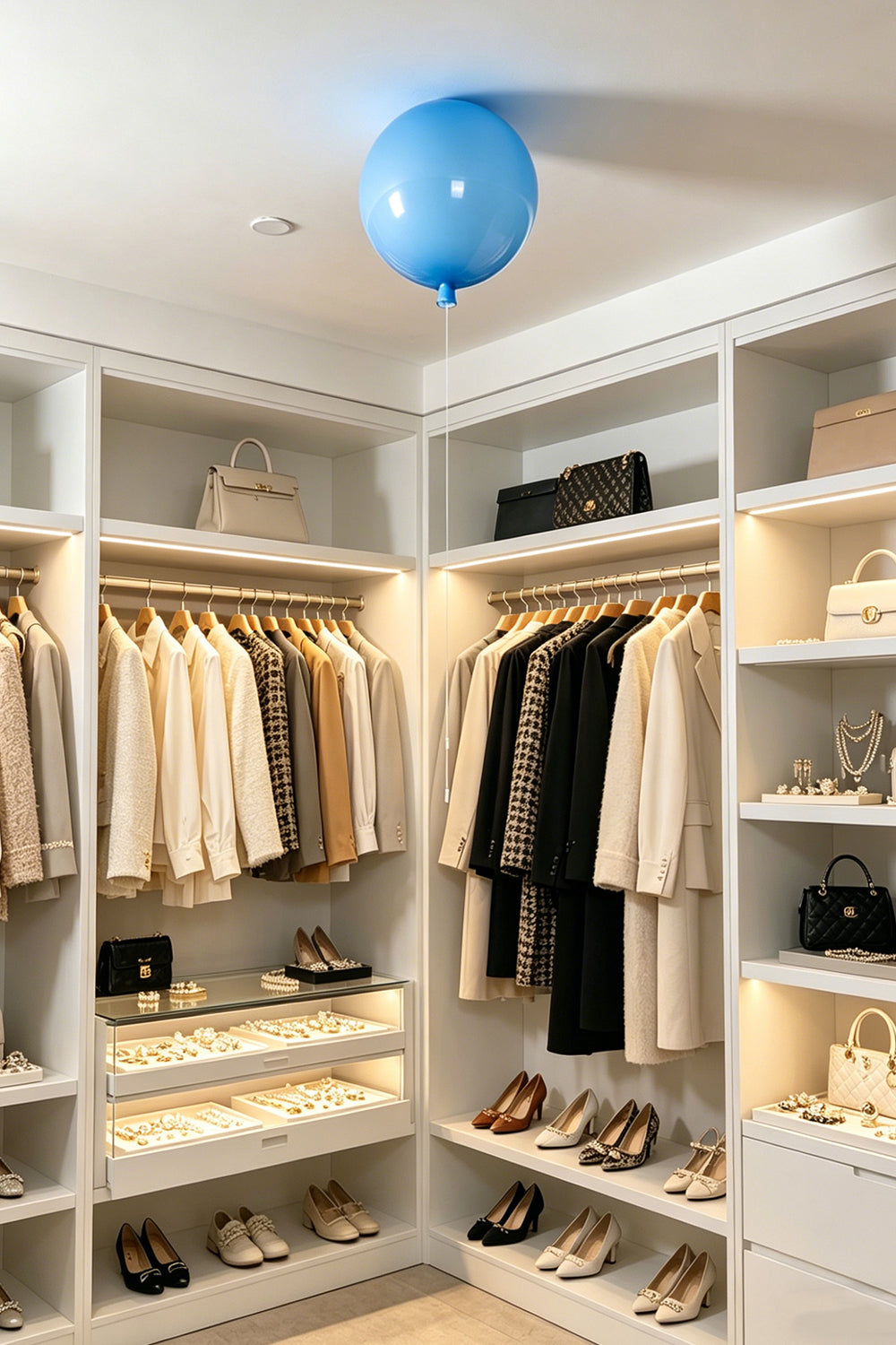 Glass Balloon Ceiling Light in a stylish closet with elegant fashion and accessories.