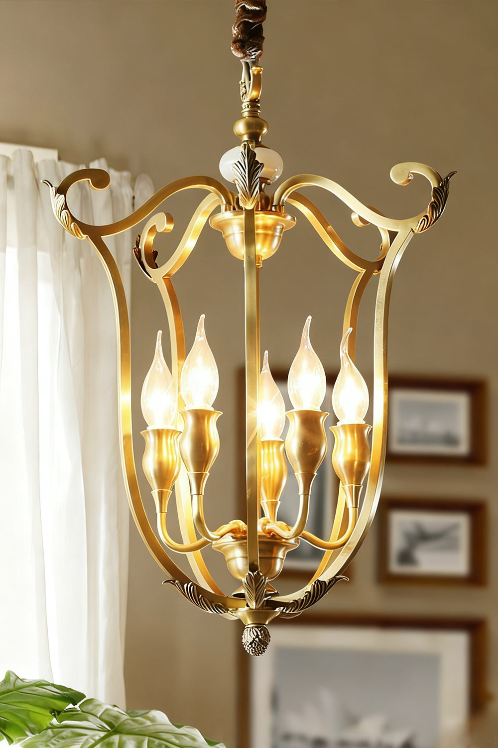 Golden Scroll-Lantern Chandelier