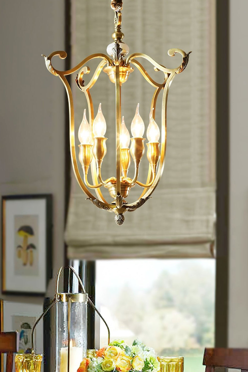 Golden Scroll-Lantern Chandelier