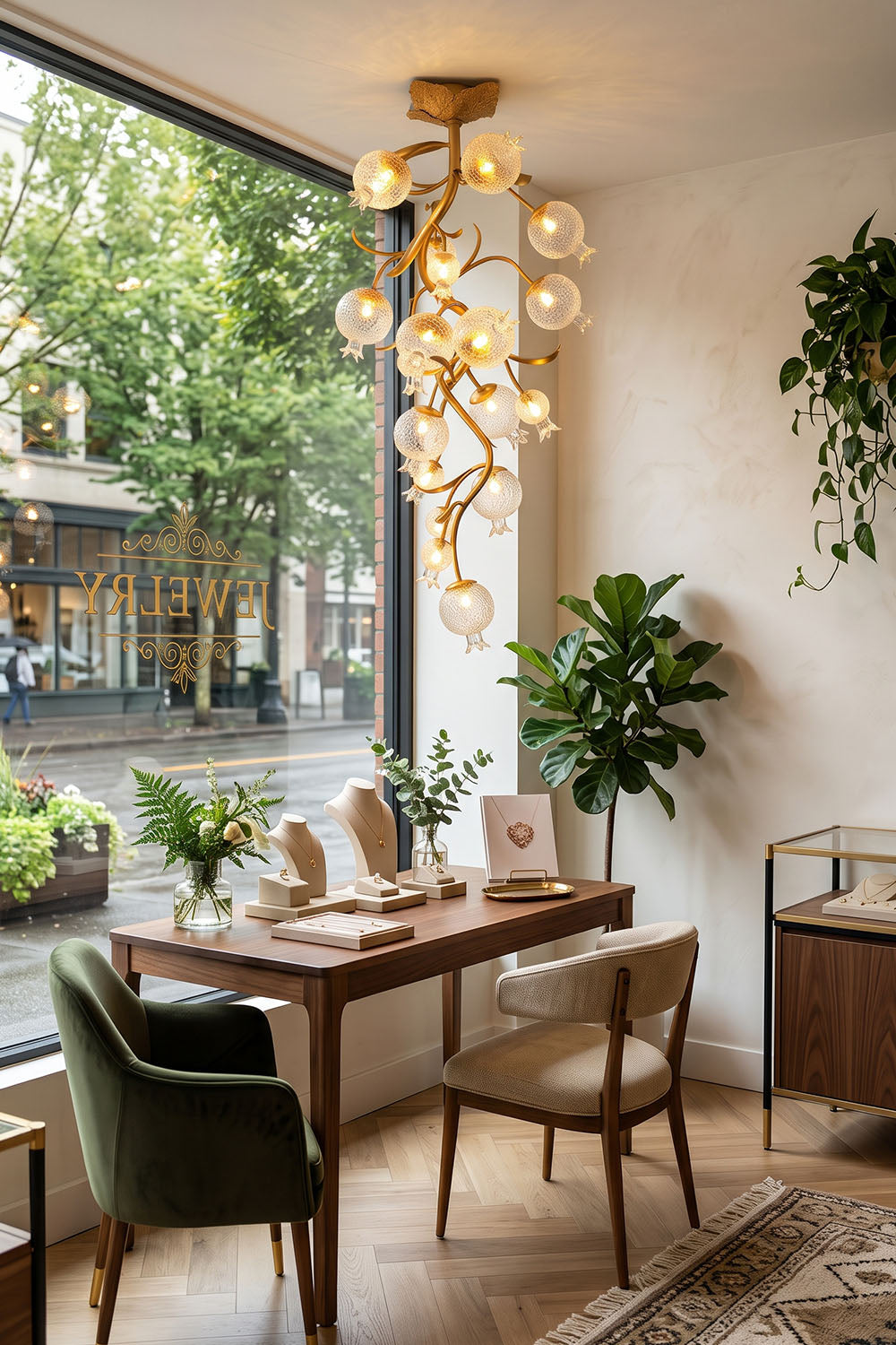 Grenaline Vine Chandelier | Brass and Textured Glass | Hanging over a wooden dining table by floor windows | Samu Lamp