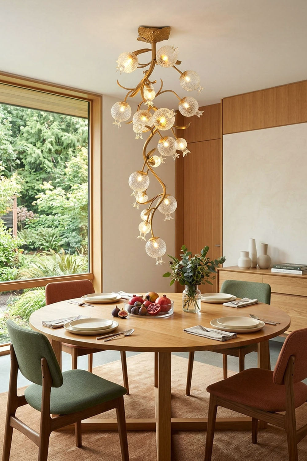 Grenaline Vine Chandelier | Brass and Art Glass | Lit over round dining table with scenic garden views | Samu Lamp