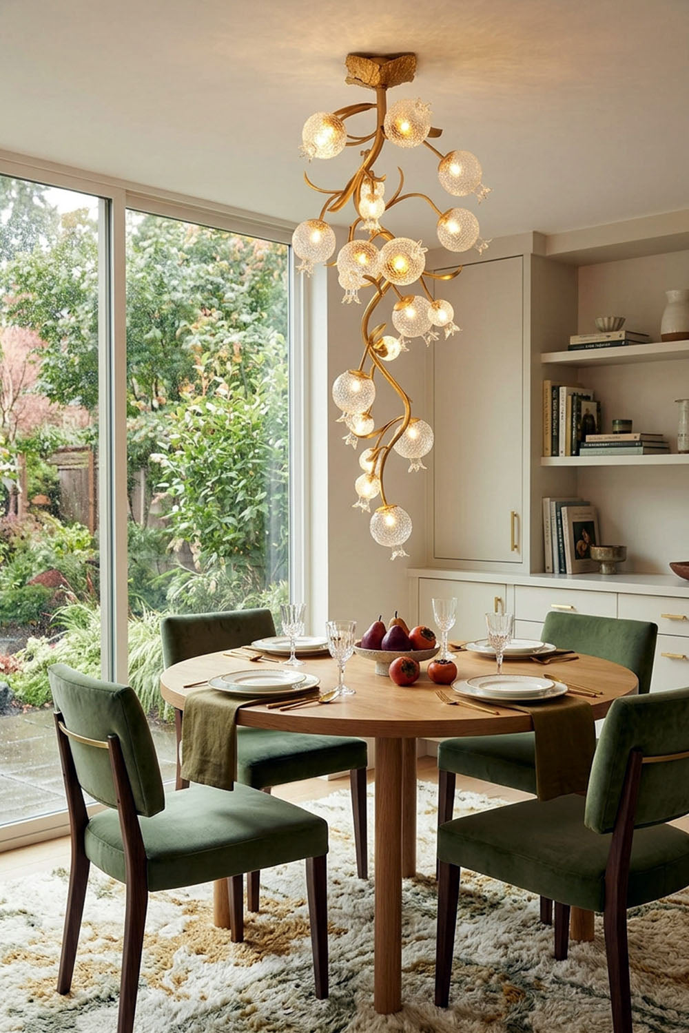 Grenaline Vine Chandelier | Brass and Crackle Glass | Hanging over a round dining table by garden patio | Samu Lamp