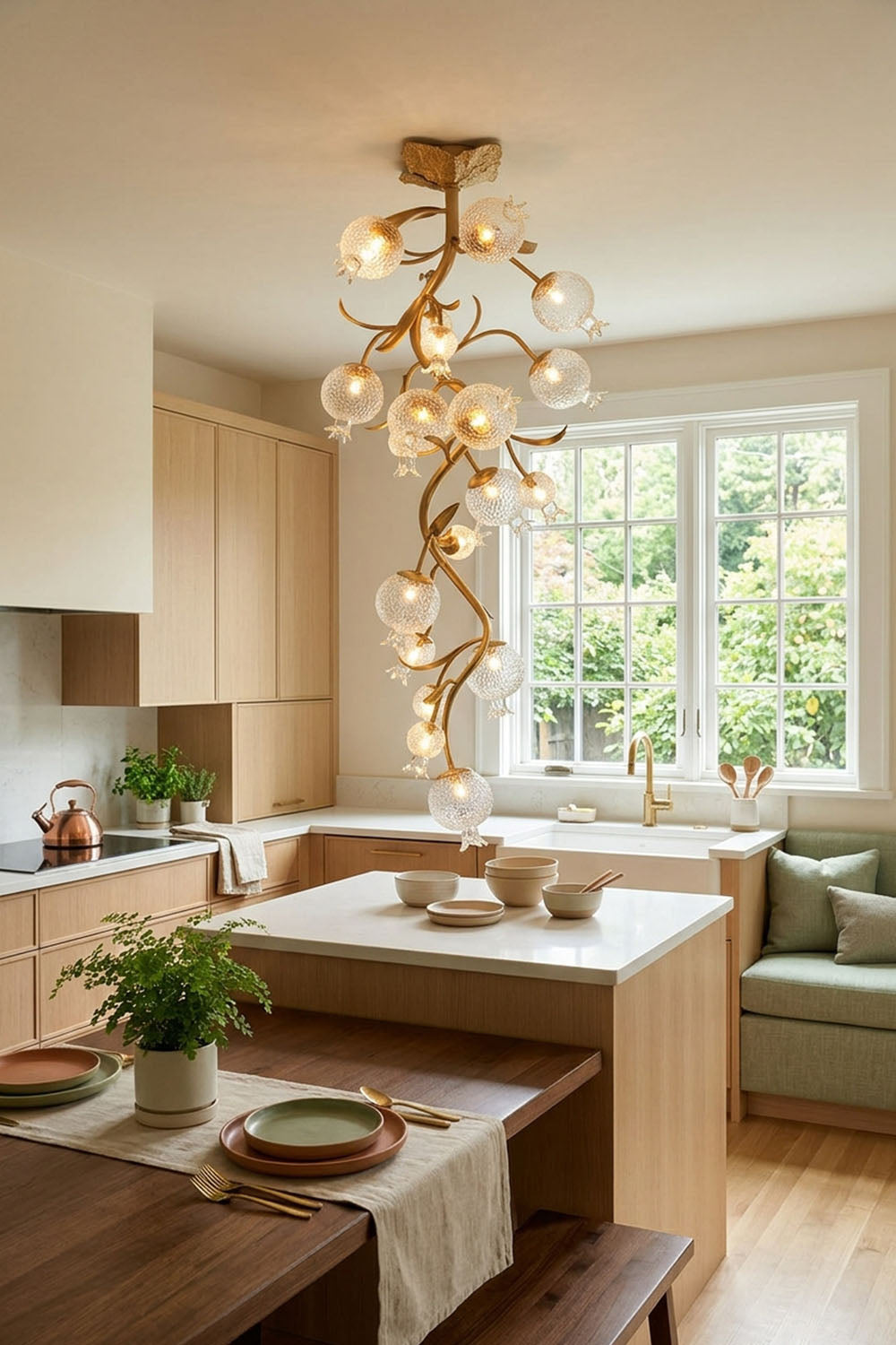 Grenaline Vine Chandelier | Brass and Textured Glass | Installed above a kitchen island in a bright home | Samu Lamp
