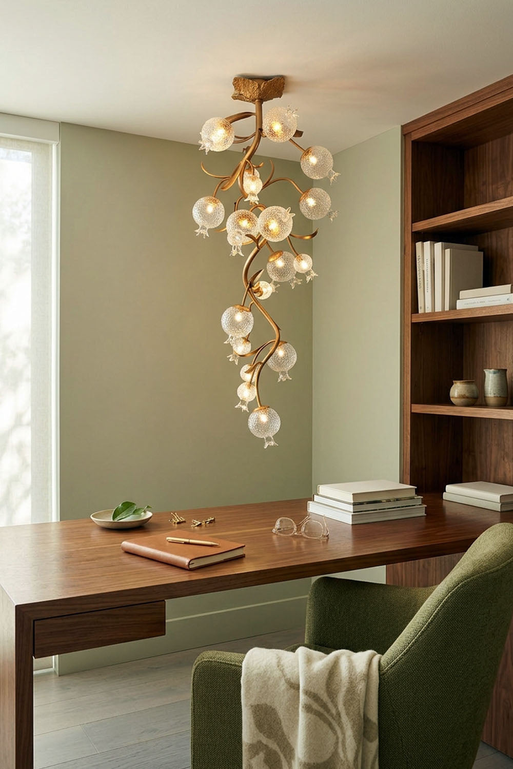 Grenaline Vine Chandelier | Brass and Crackle Glass | Suspended in a home office study beside wooden desk | Samu Lamp