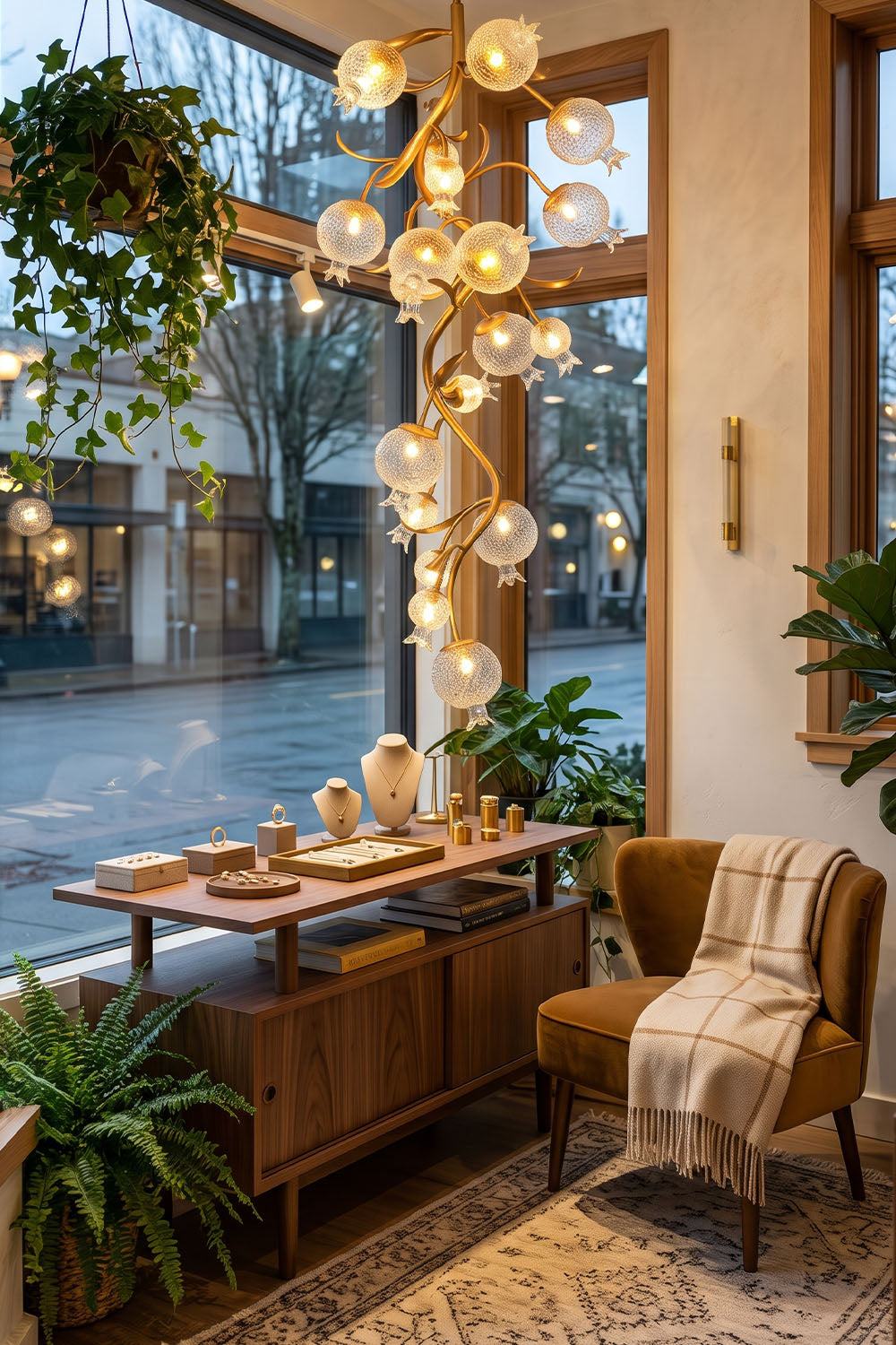 Grenaline Vine Chandelier | Brass and Art Glass | Suspended above a sideboard in a sunlit boutique space | Samu Lamp