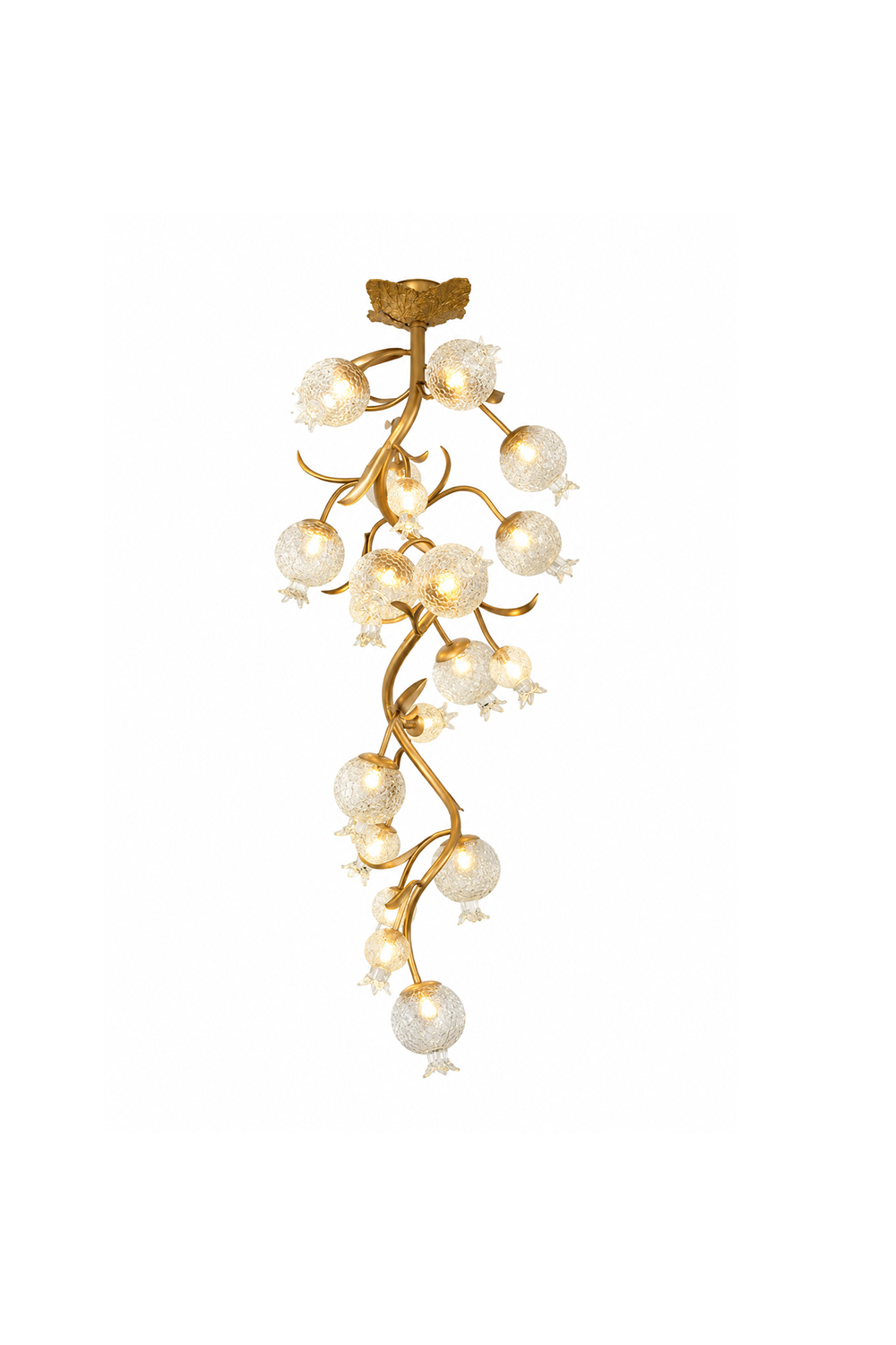 Grenaline Vine Chandelier | Brass and Crackle Glass | Full cascading view illuminated on pure white backdrop | Samu Lamp