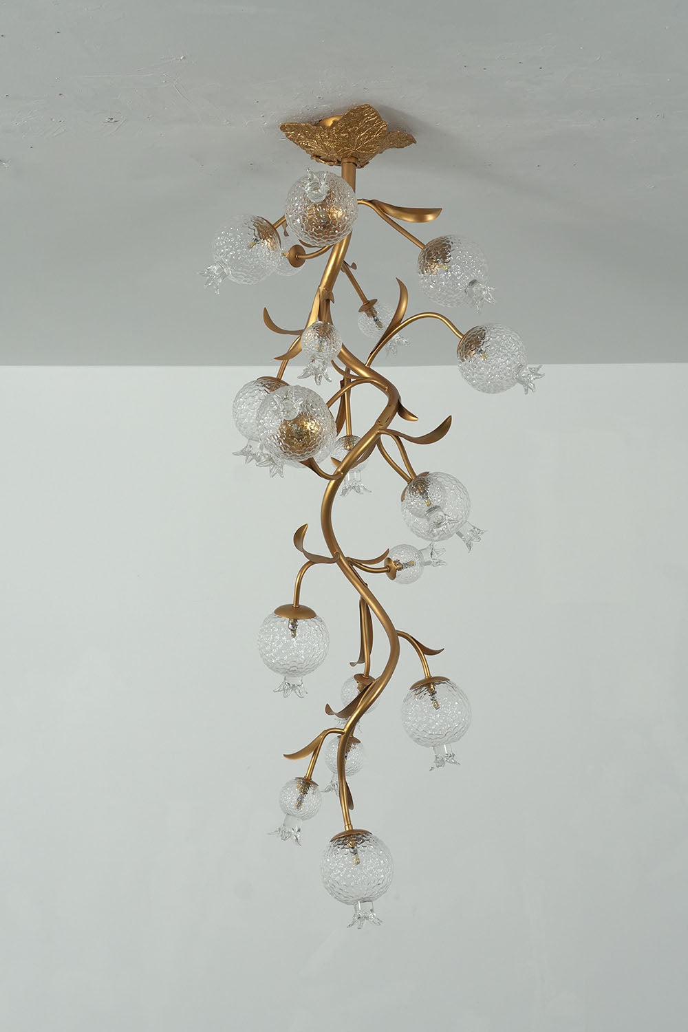 Grenaline Vine Chandelier | Brass and Crackle Glass | Full hanging drop view unlit against clean white wall | Samu Lamp
