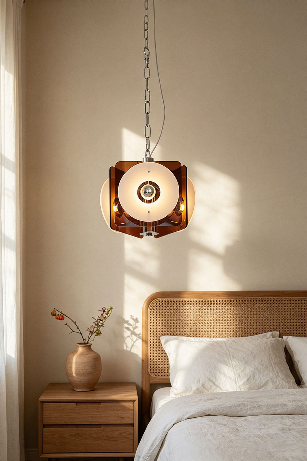 Harlan Faceted Drum Brass Pendant Light illuminating a cozy bedroom with modern decor.
