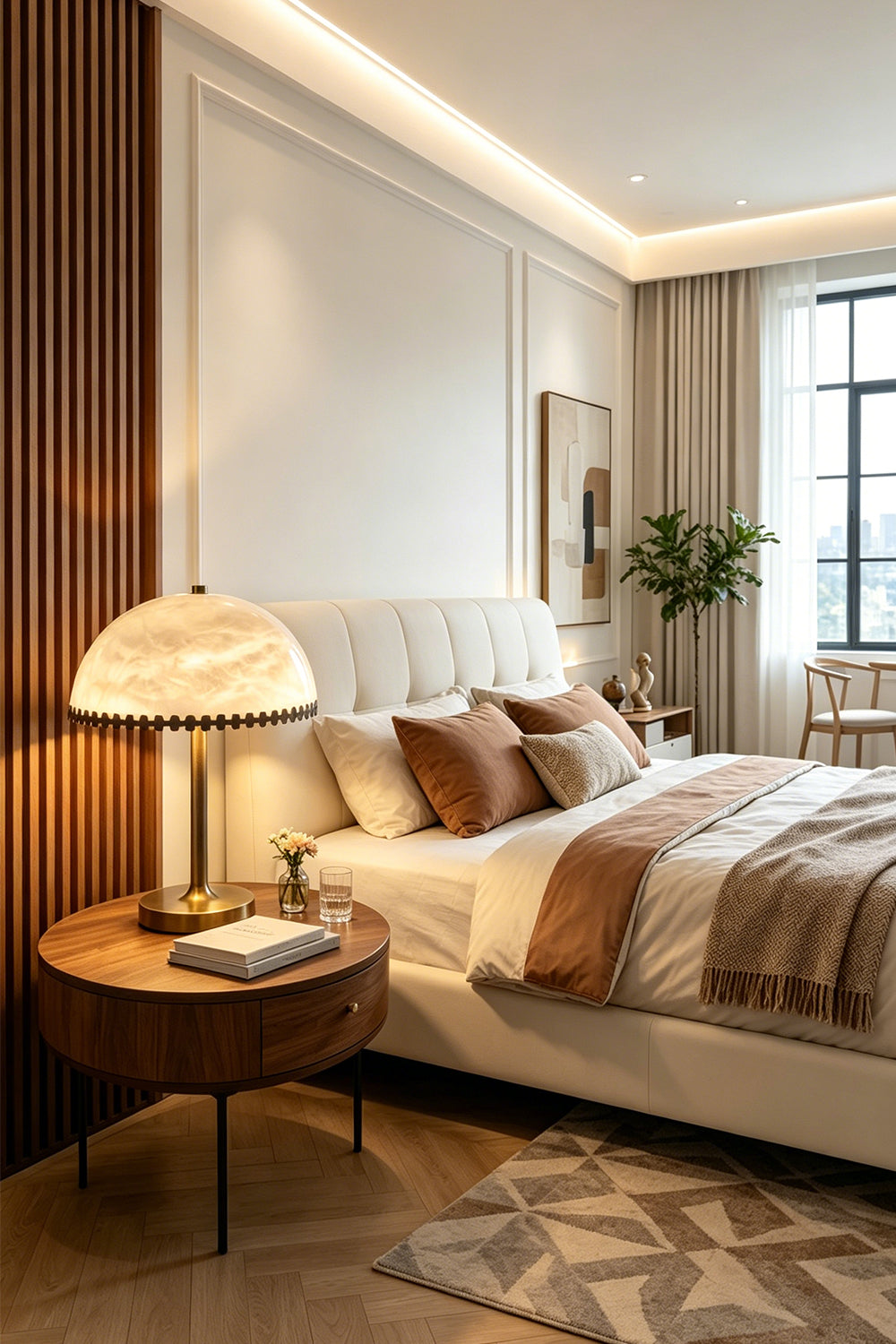 Helena Alabaster Trim Table Lamp | Bedroom Accent Light | Providing a warm ambient glow on a round wooden nightstand next to a luxury platform bed with plush cozy bedding | Samu Lamp