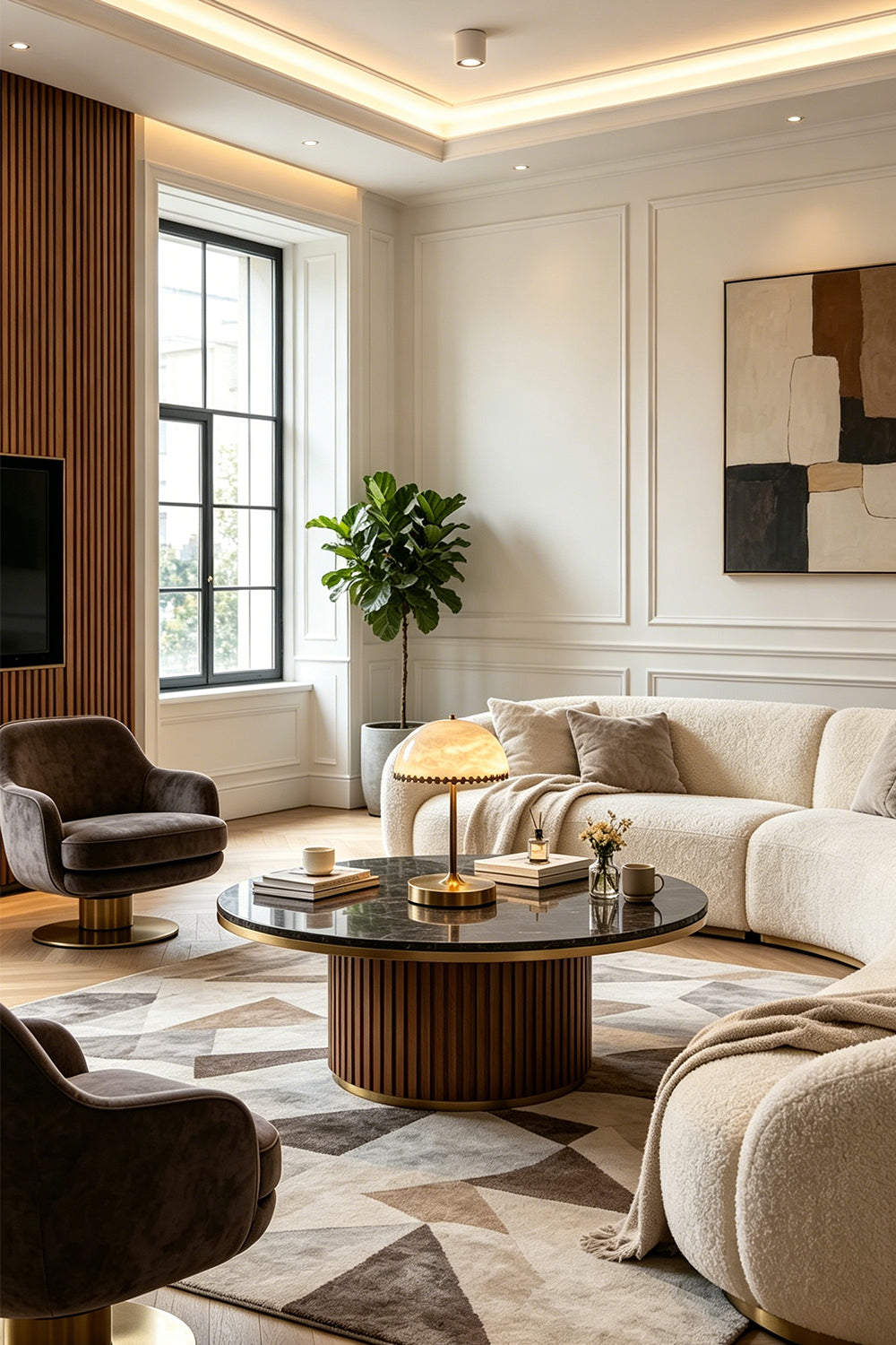 Helena Alabaster Trim Table Lamp | Living Room Decor | Positioned on a round coffee table in a spacious luxury living room setup with cream sofas and elegant seating options | Samu Lamp