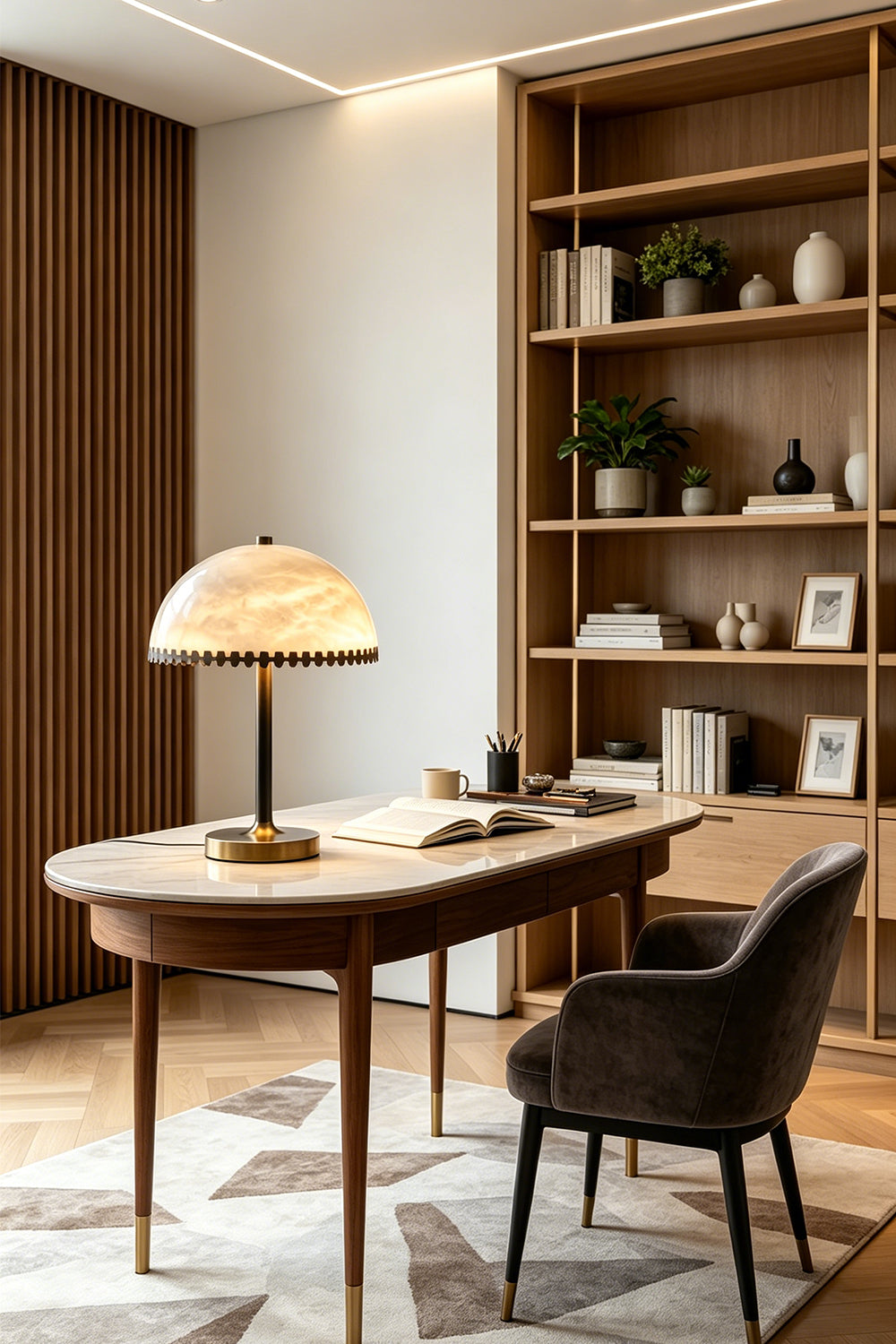 Helena Alabaster Trim Table Lamp | Home Office Light | Sitting on a curved wooden writing desk in a sophisticated home study space with a tall matching wooden bookshelf | Samu Lamp