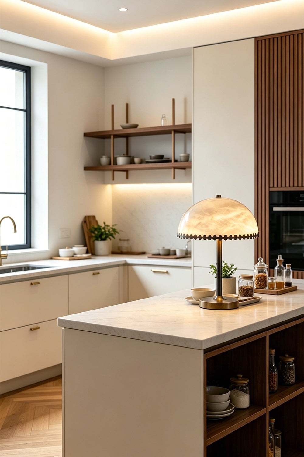 Helena Alabaster Trim Table Lamp | Kitchen Counter Lamp | Staged gracefully on a pristine off-white kitchen island breakfast bar counter with open wooden shelving behind | Samu Lamp