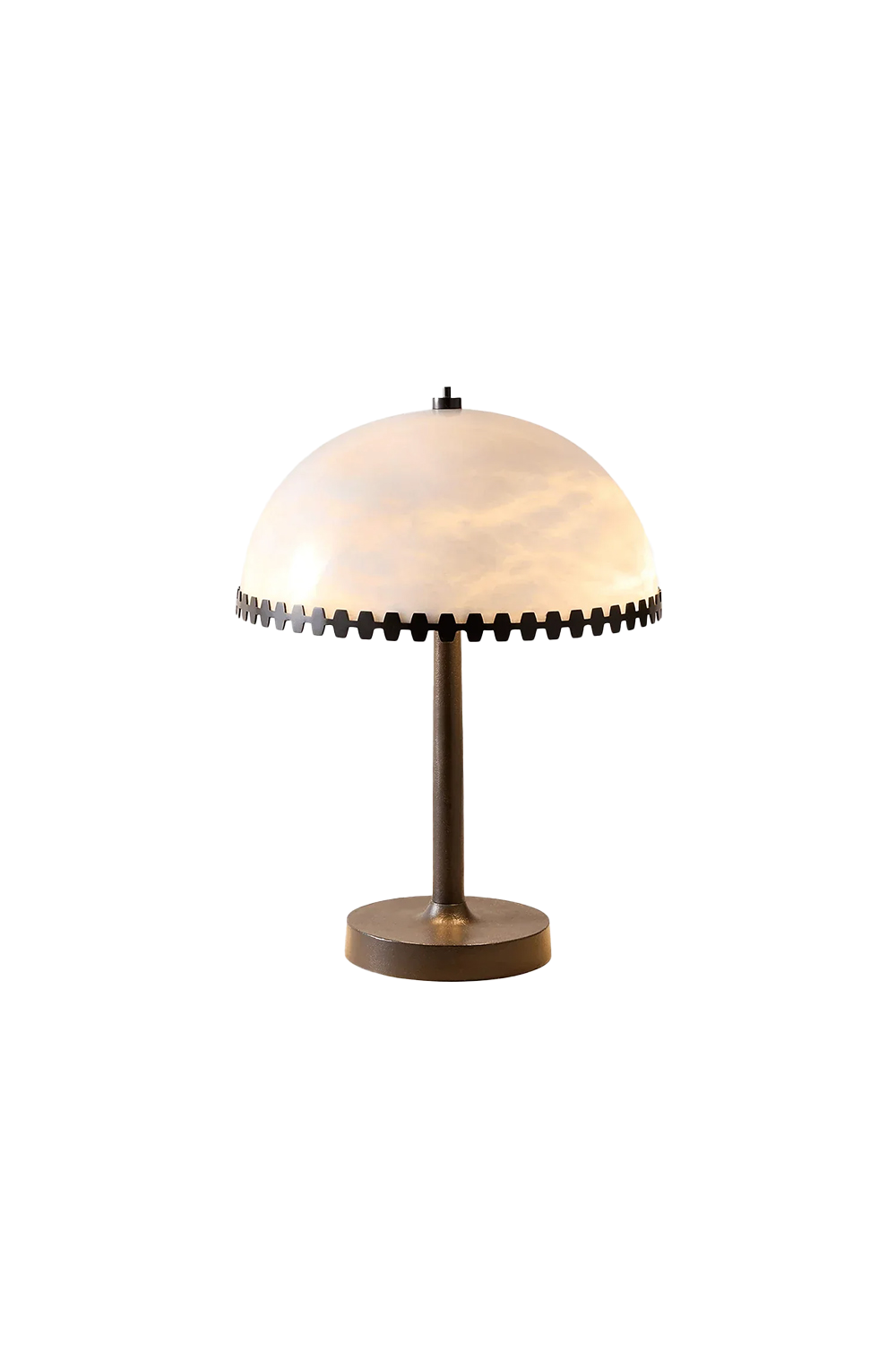 Helena Alabaster Trim Table Lamp | Alabaster, Bronze | Isolated lit product view of a modern dome-shaped table lamp featuring a translucent white alabaster stone shade with a notched dark bronze trim, slim stem, and round flat base | White background | Samu Lamp